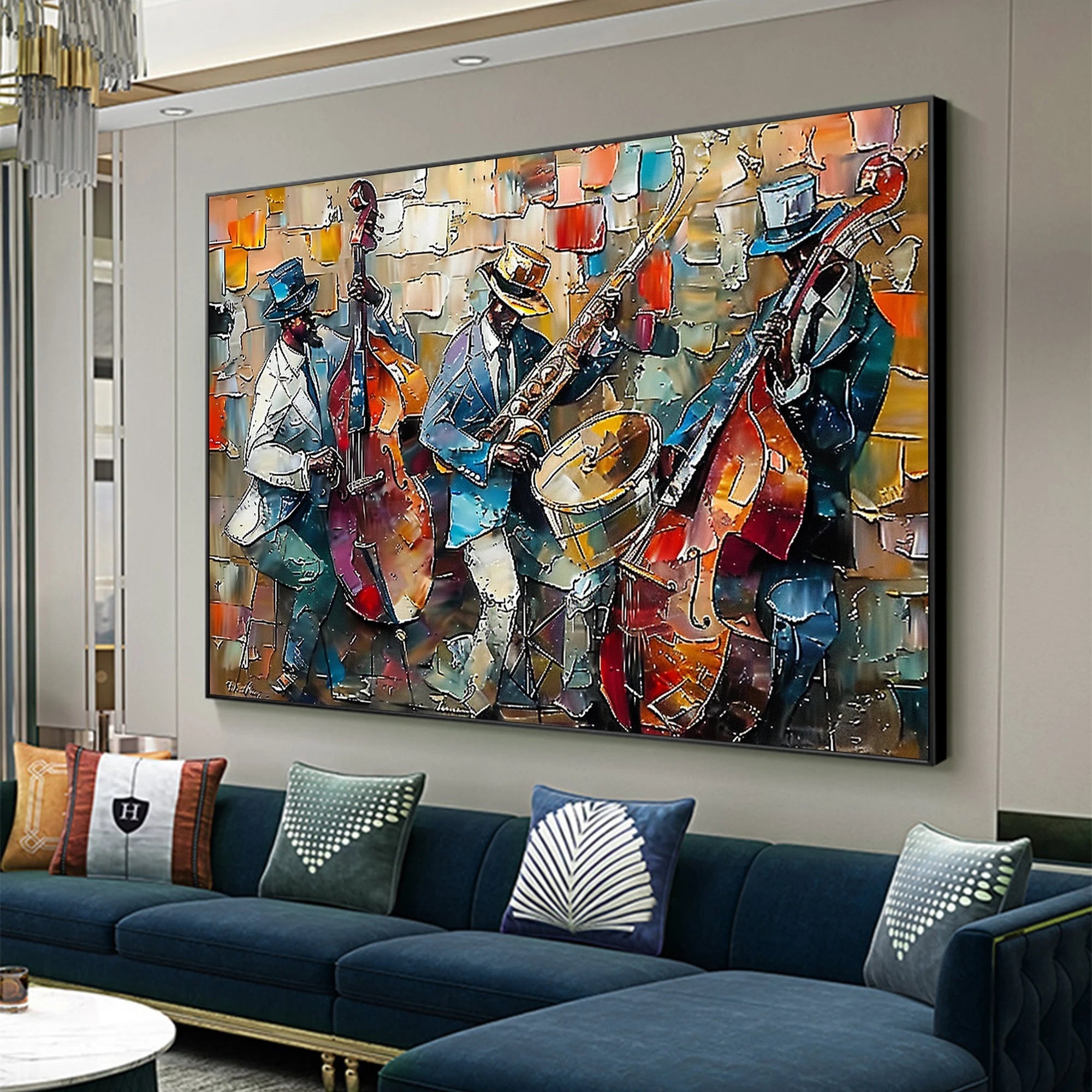 Soulful Notes – Hand-Painted Abstract Jazz Bassist Performance Portrait Painting | Contemporary Expressionist Living Room & Office Art