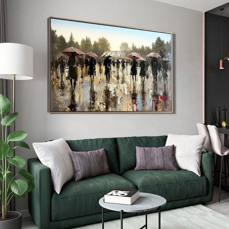 People-portraits #pe 485urban Drizzle – Hand-Painted Rainy Street Cityscape Umbrella Impressionist Textured Oil Portrait Painting | Contemporary Expressionist Living Room & Office Art