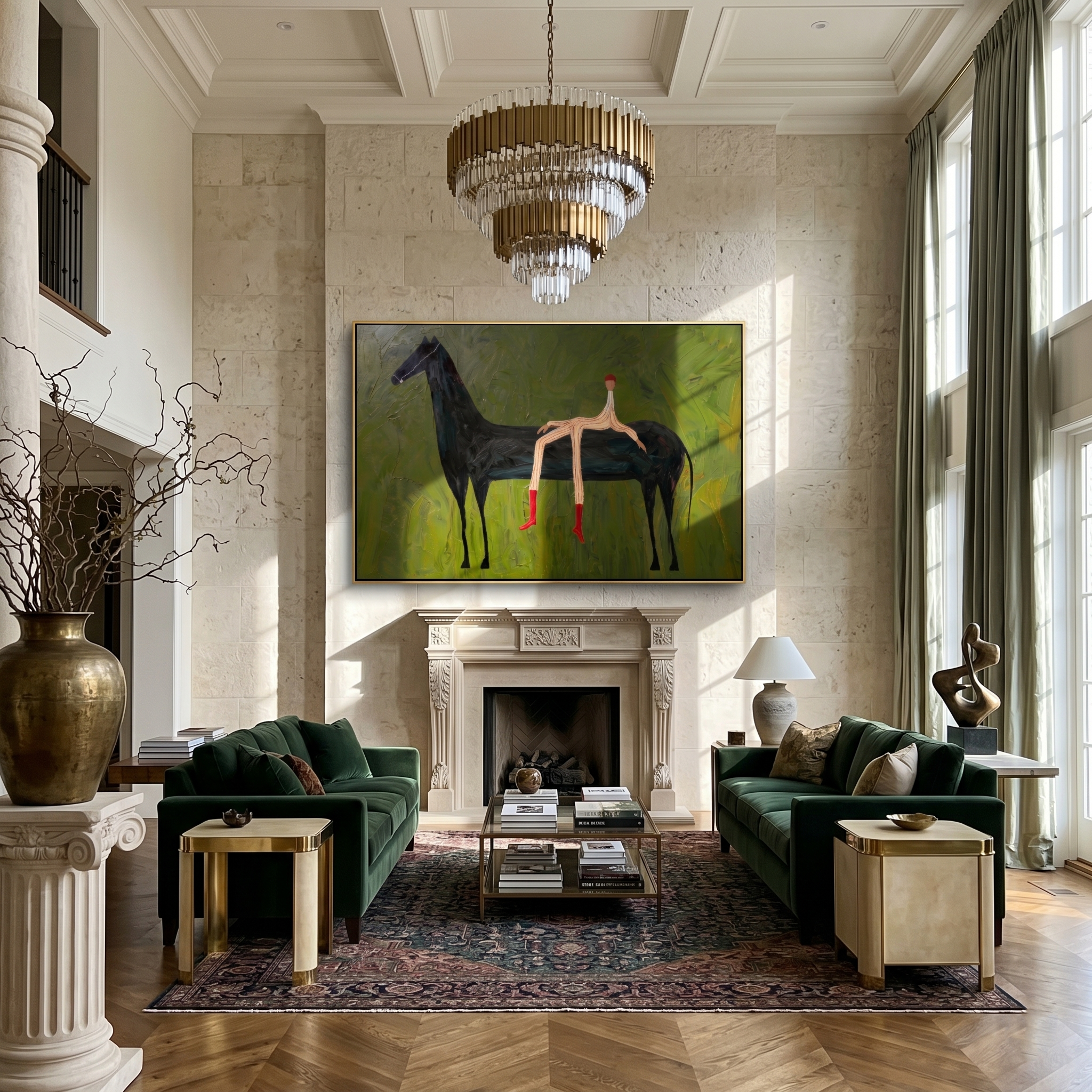 The Wilderness Rider – Modern Wabi-Sabi Dark Green Black Horse Painting | Minimalist Horizontal Living Room Art
