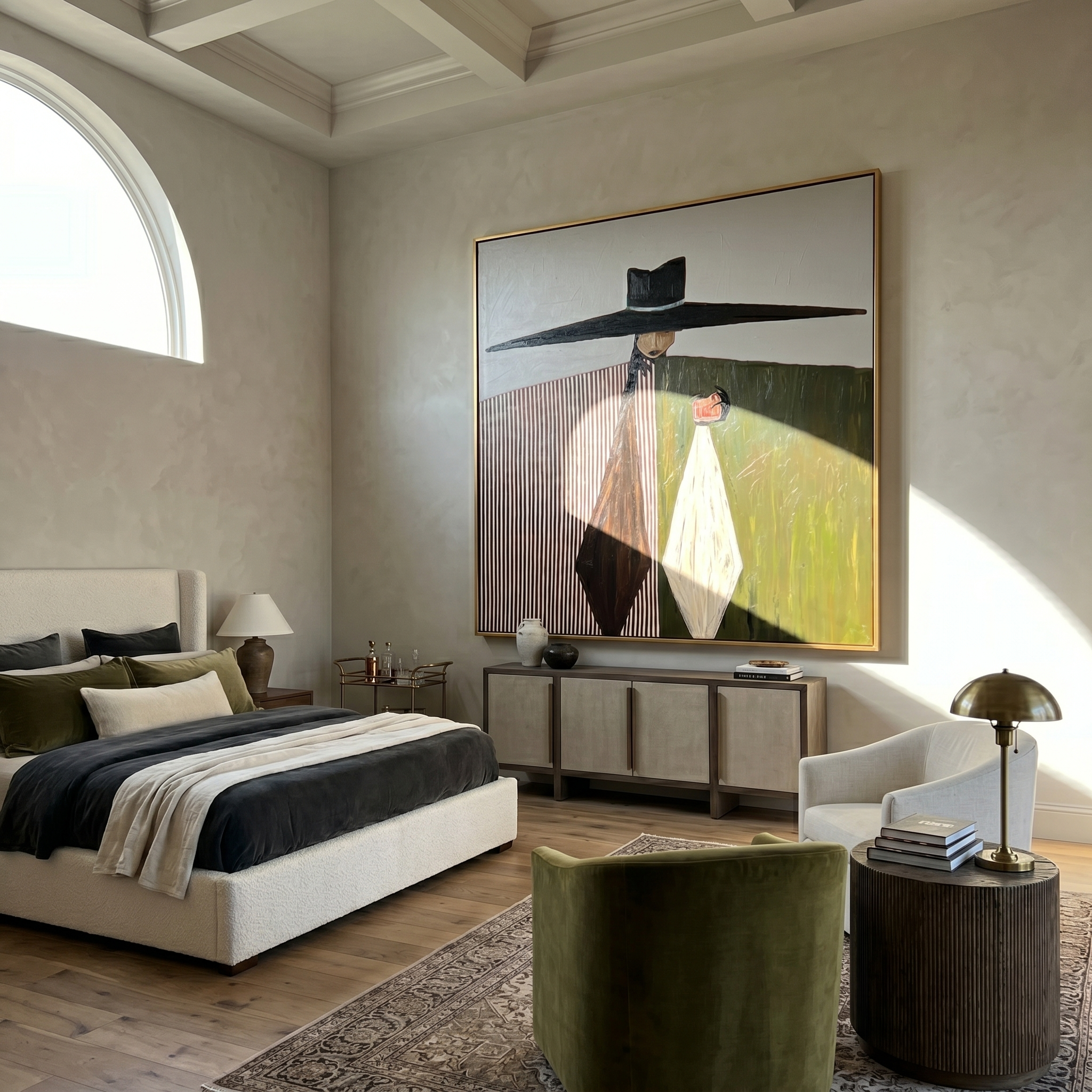 The Midnight Monologue – Surrealistic Modern Woman with Over-sized Hat Painting | Retro Elegant Living Room Art