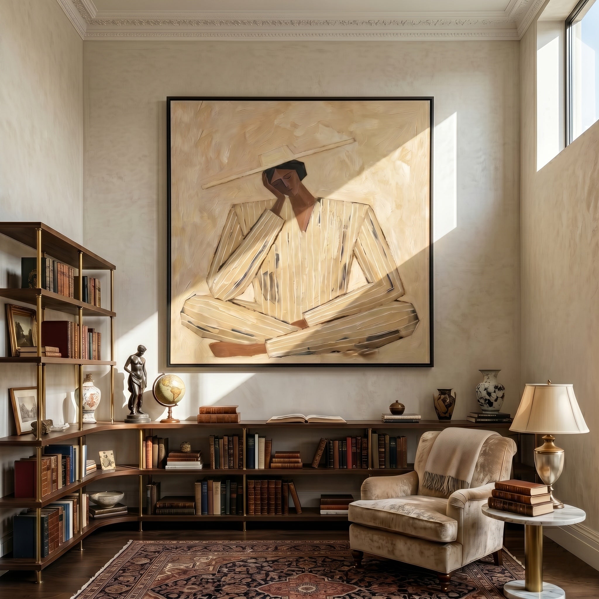 The Desert Meditative – Wabi-Sabi Heavy Textured Thinking Figure Painting | Minimalist Square Hallway Art