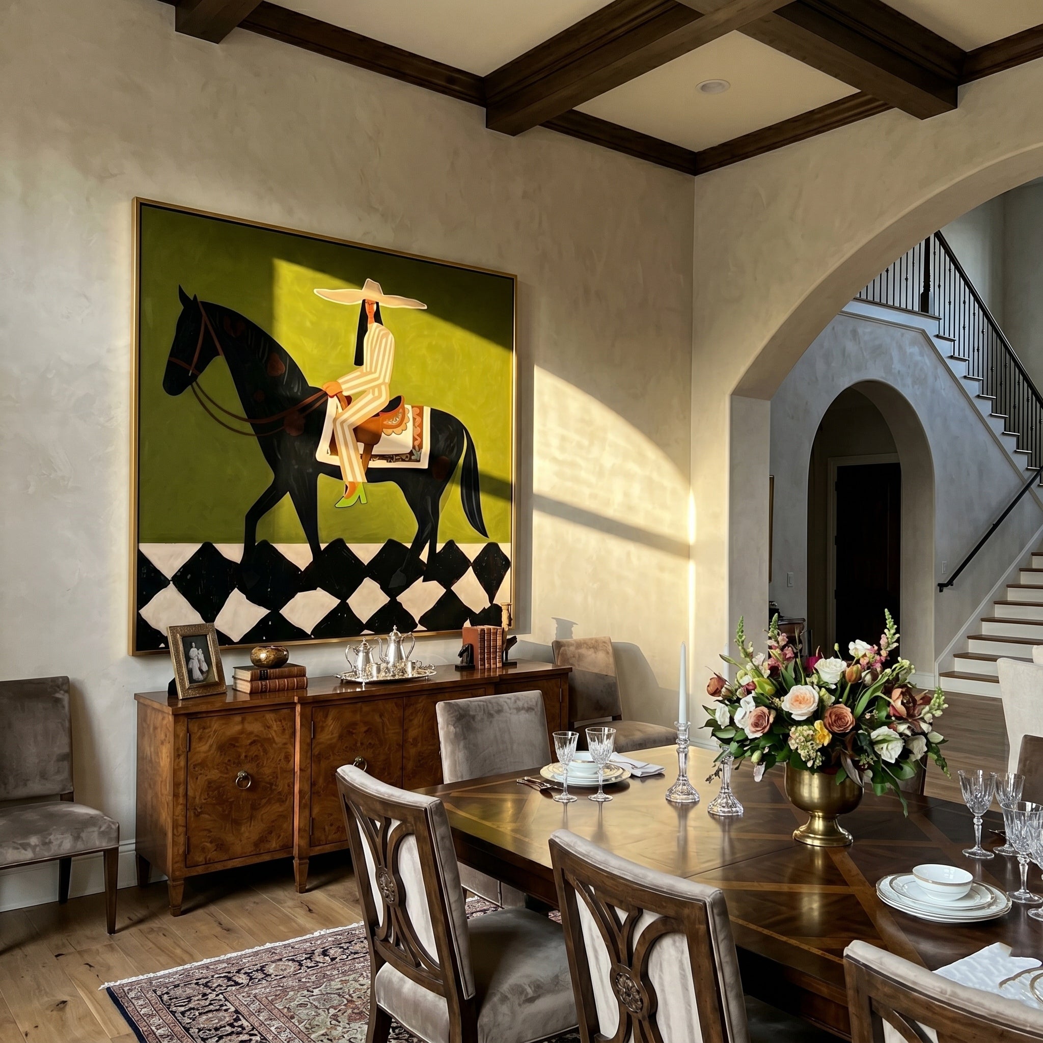 The Emerald Promenade – Modern Olive Green Black Horse Painting | Chic Checkerboard Square Hallway Art