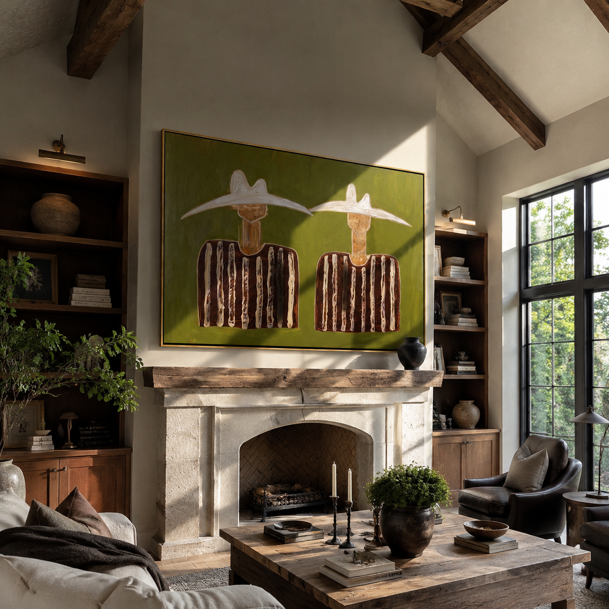 The Moss Reverie – Modernist Olive Green White-Hat Figures Painting | Rustic Minimalist Living Room Art