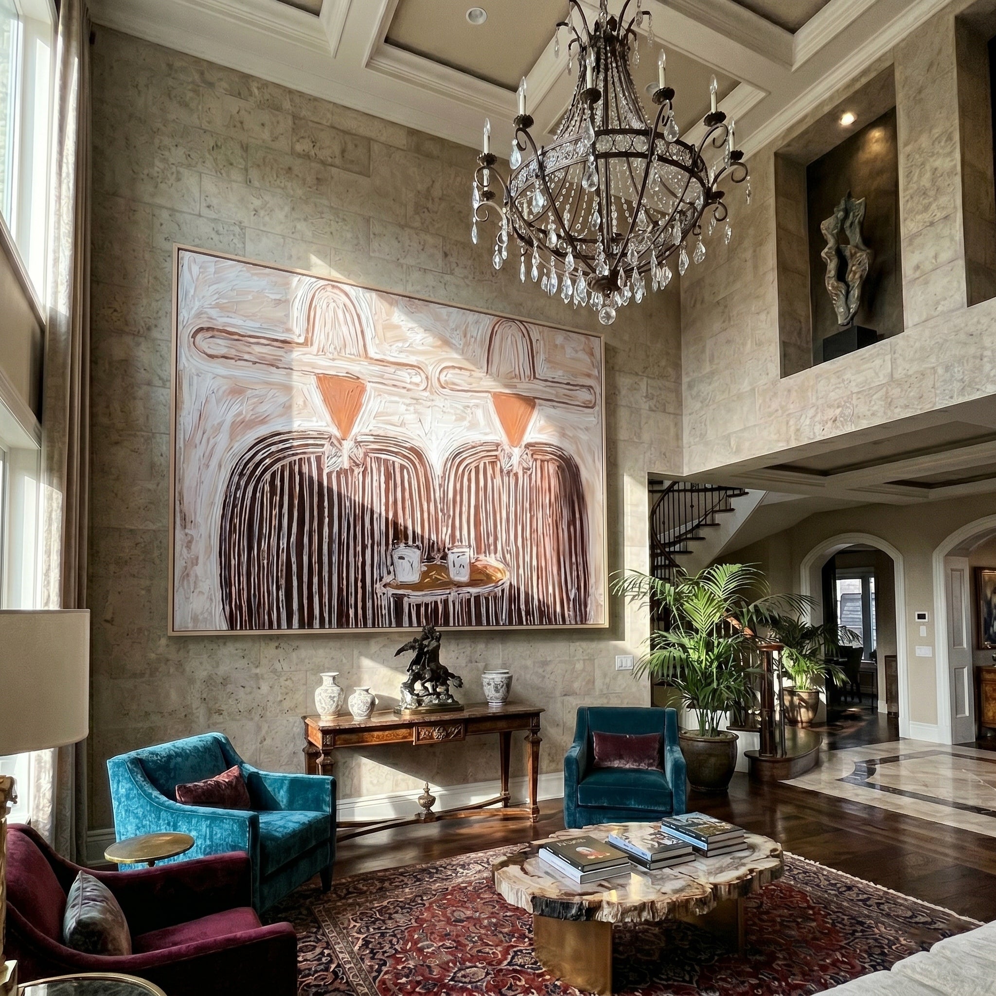 Quiet Brew – Modern Cream & Brown Heavy Textured Figures Painting | Minimalist Living Room Art