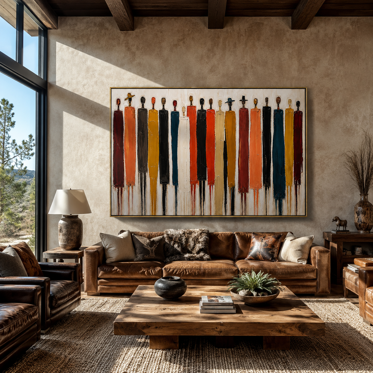 Long Figures Gather displayed above a sofa in a coordinated modern interior