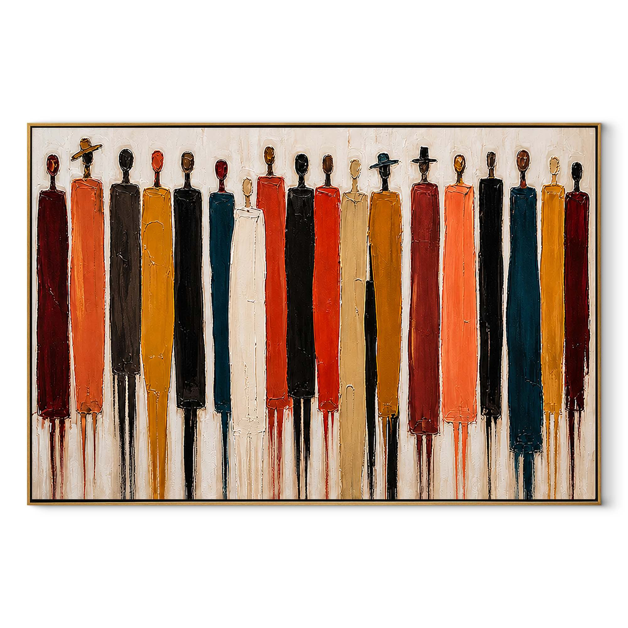 Long Figures Gather colorful elongated faceless crowd painting, horizontal canvas artwork