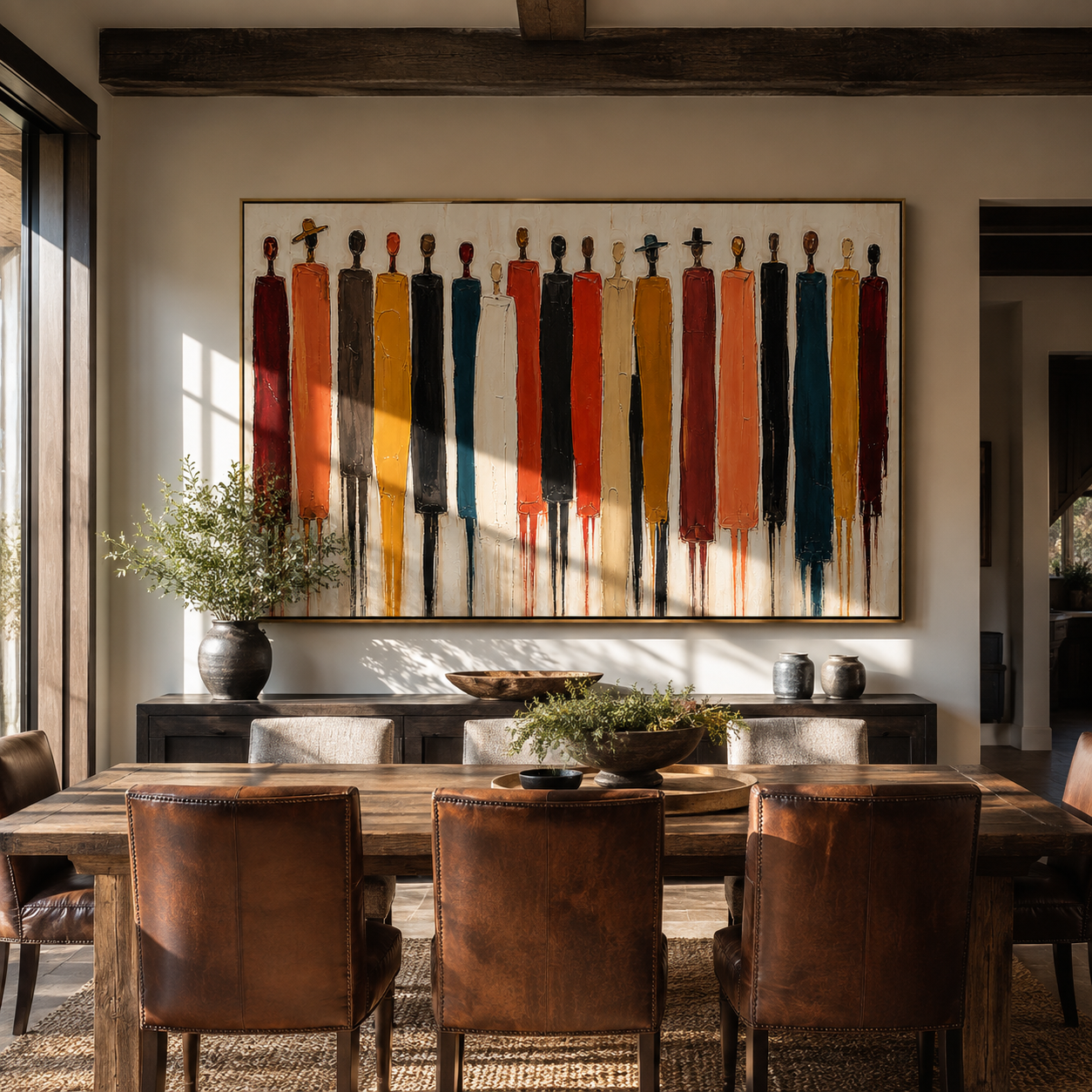 Long Figures Gather presented above a console in a contemporary interior