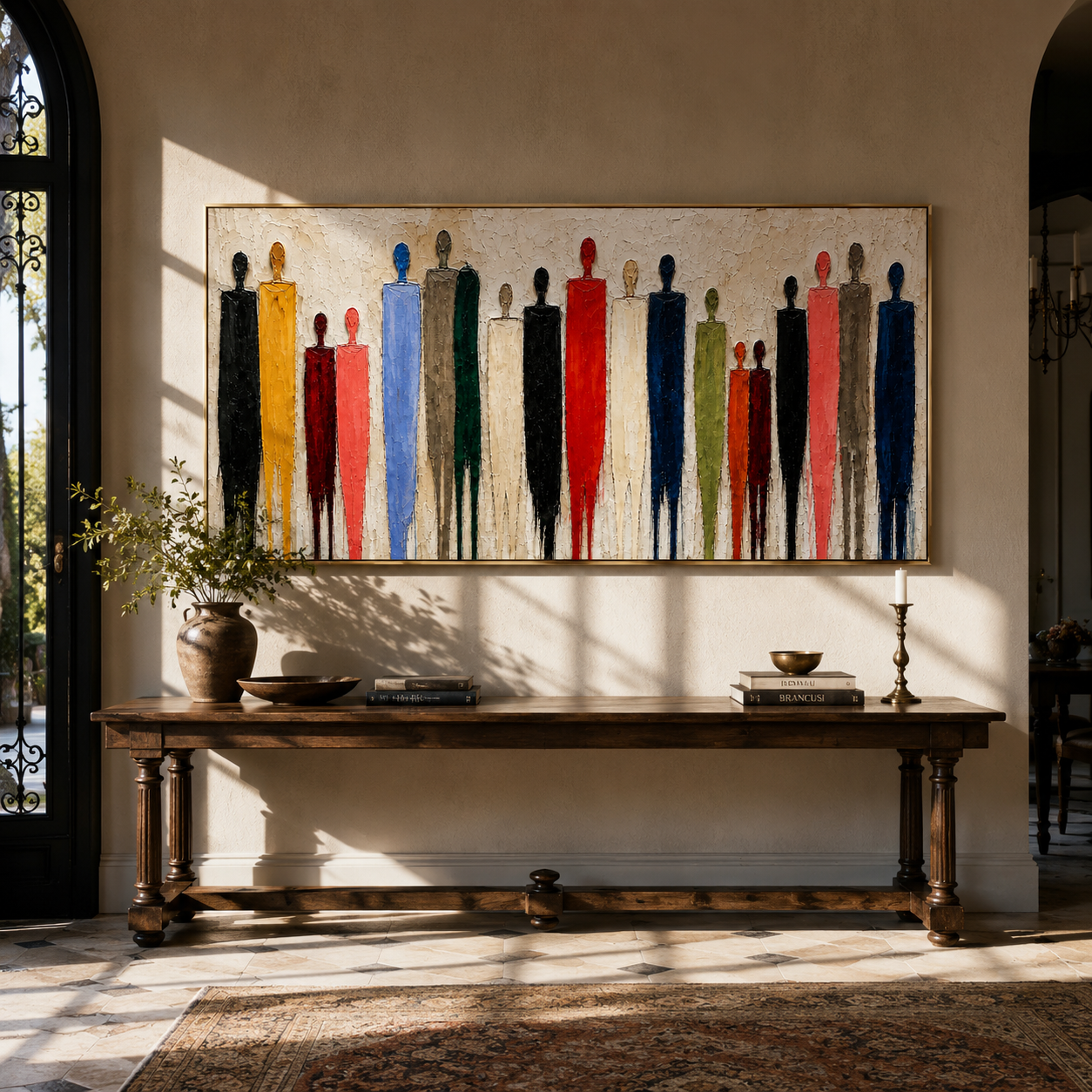 Heights Among Us displayed above a sofa in a coordinated modern interior