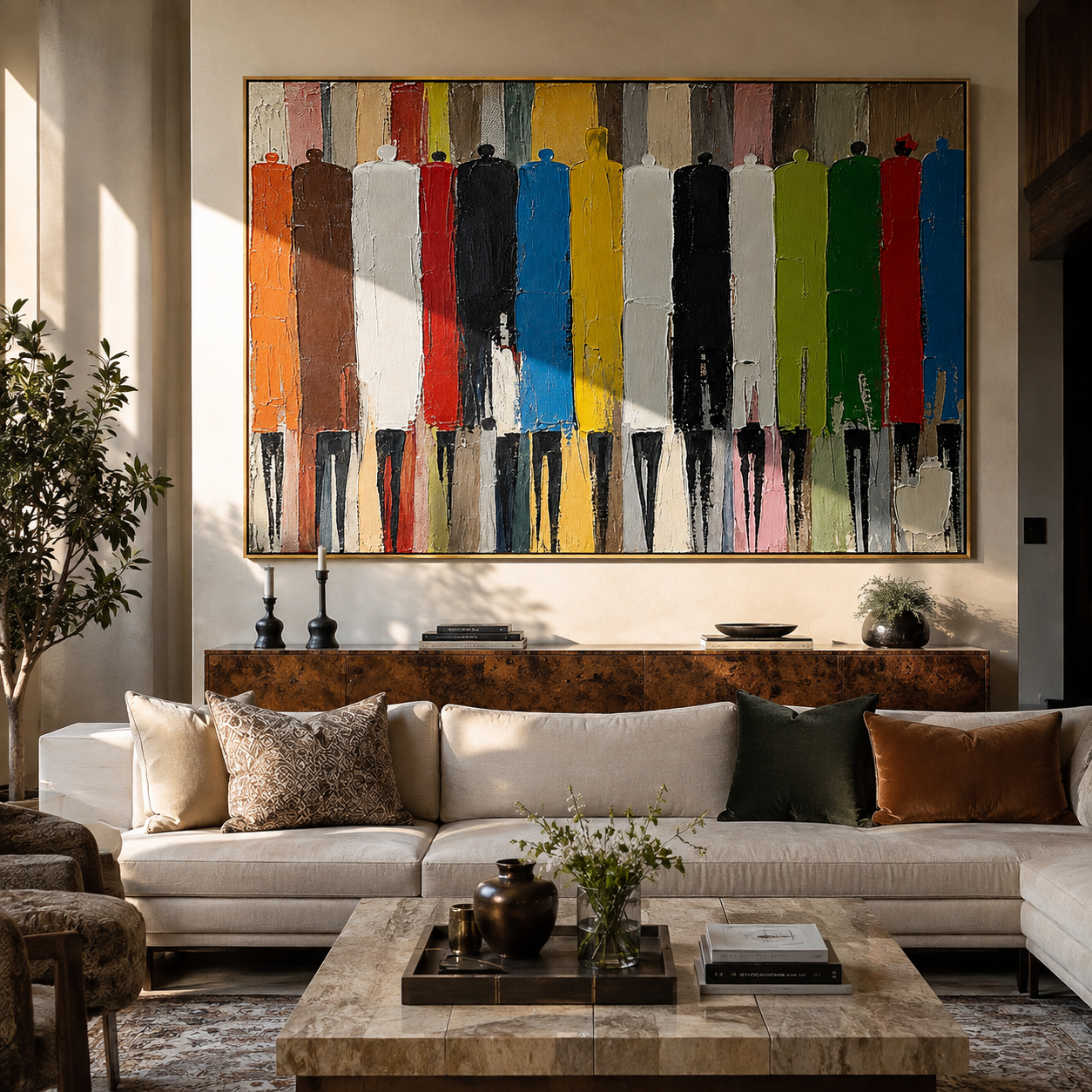 Facing Painted Horizons styled in a refined living area with neutral furnishings
