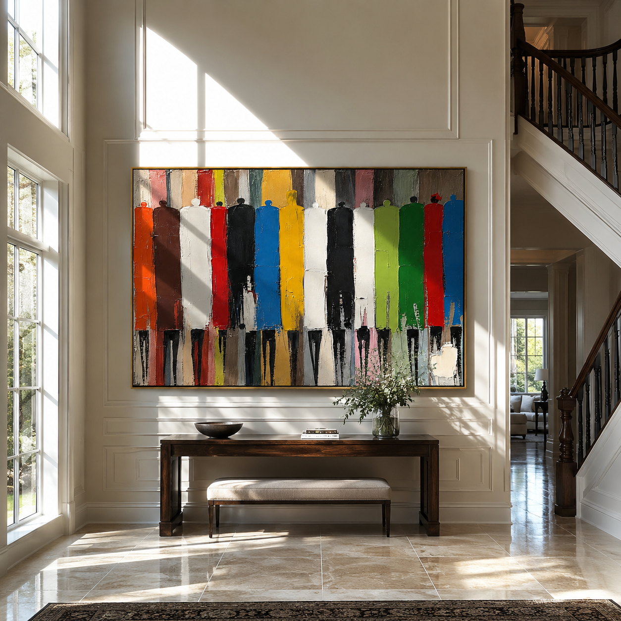 Facing Painted Horizons presented above a console in a contemporary interior
