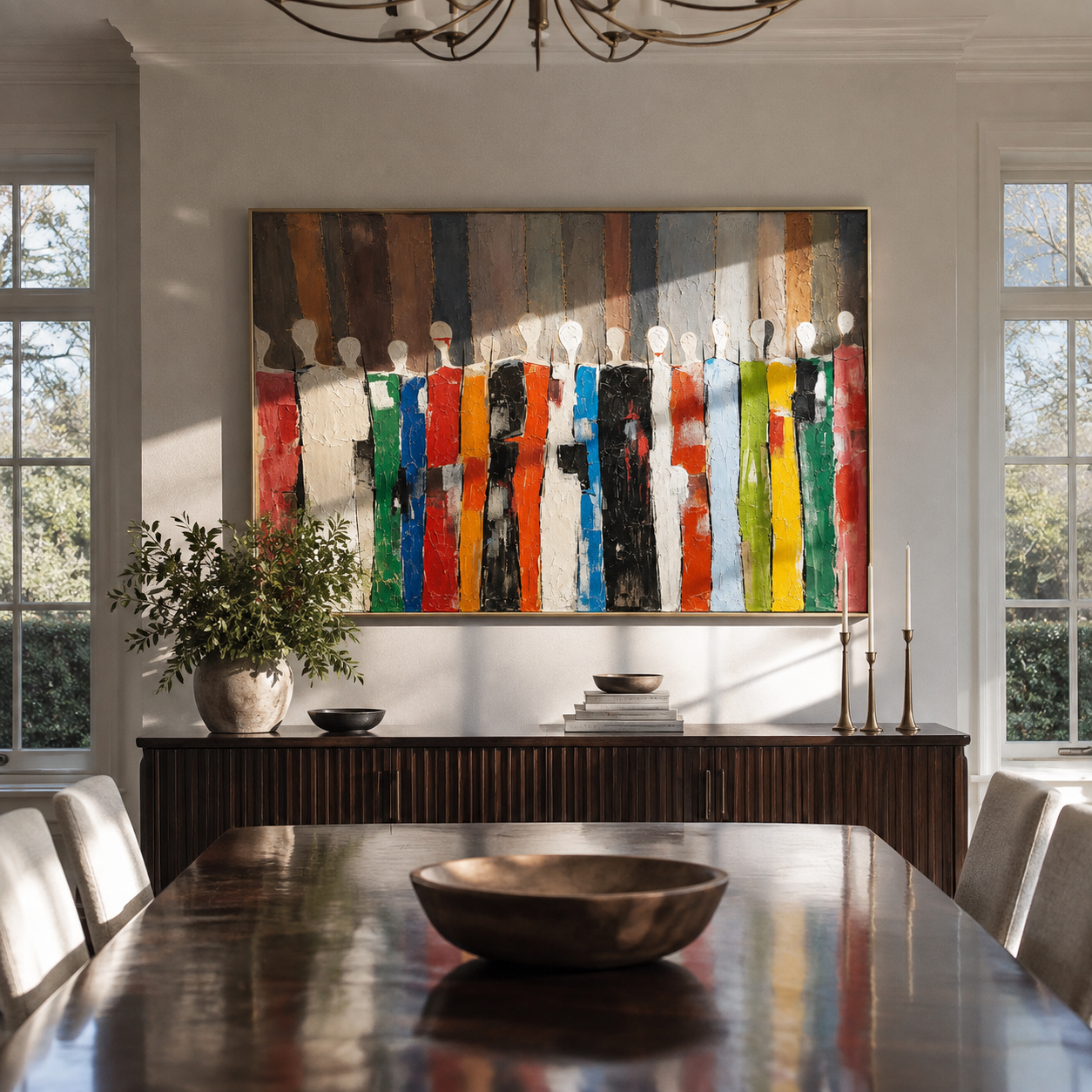 A Chorus of Forms displayed above a sofa in a coordinated modern interior