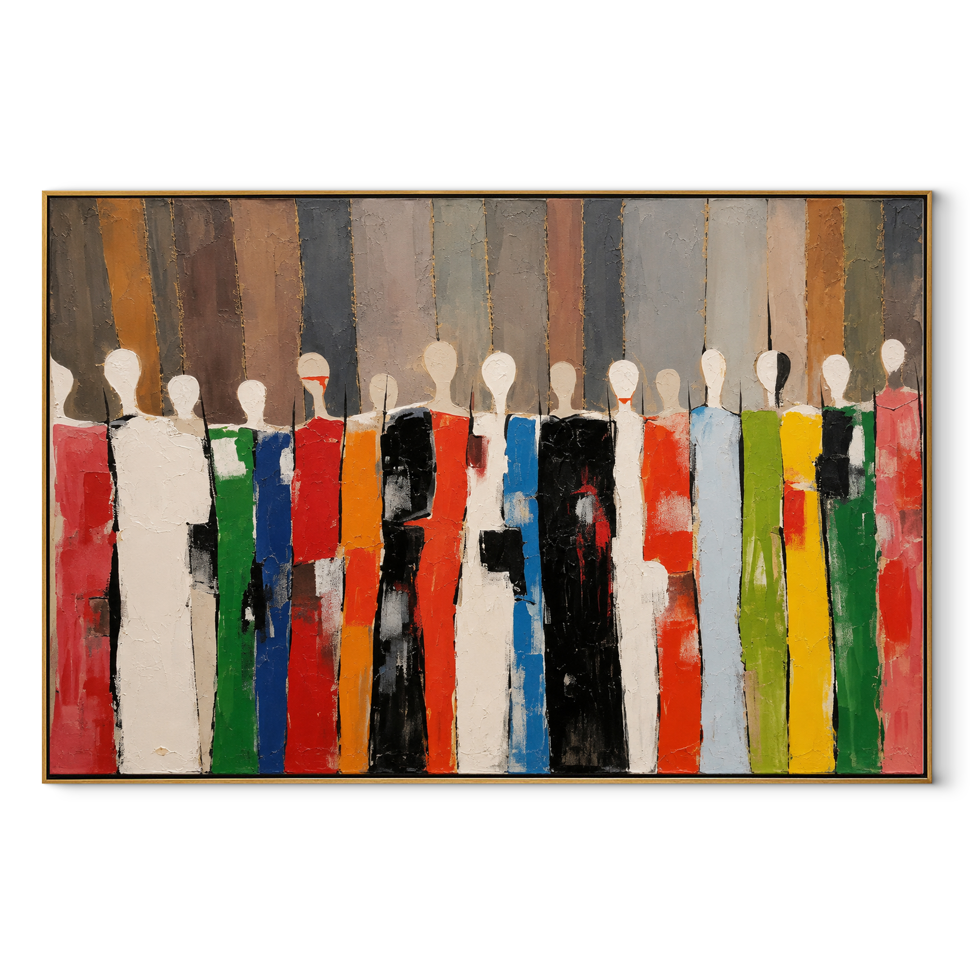 A Chorus of Forms colorful geometric faceless crowd painting, horizontal canvas artwork