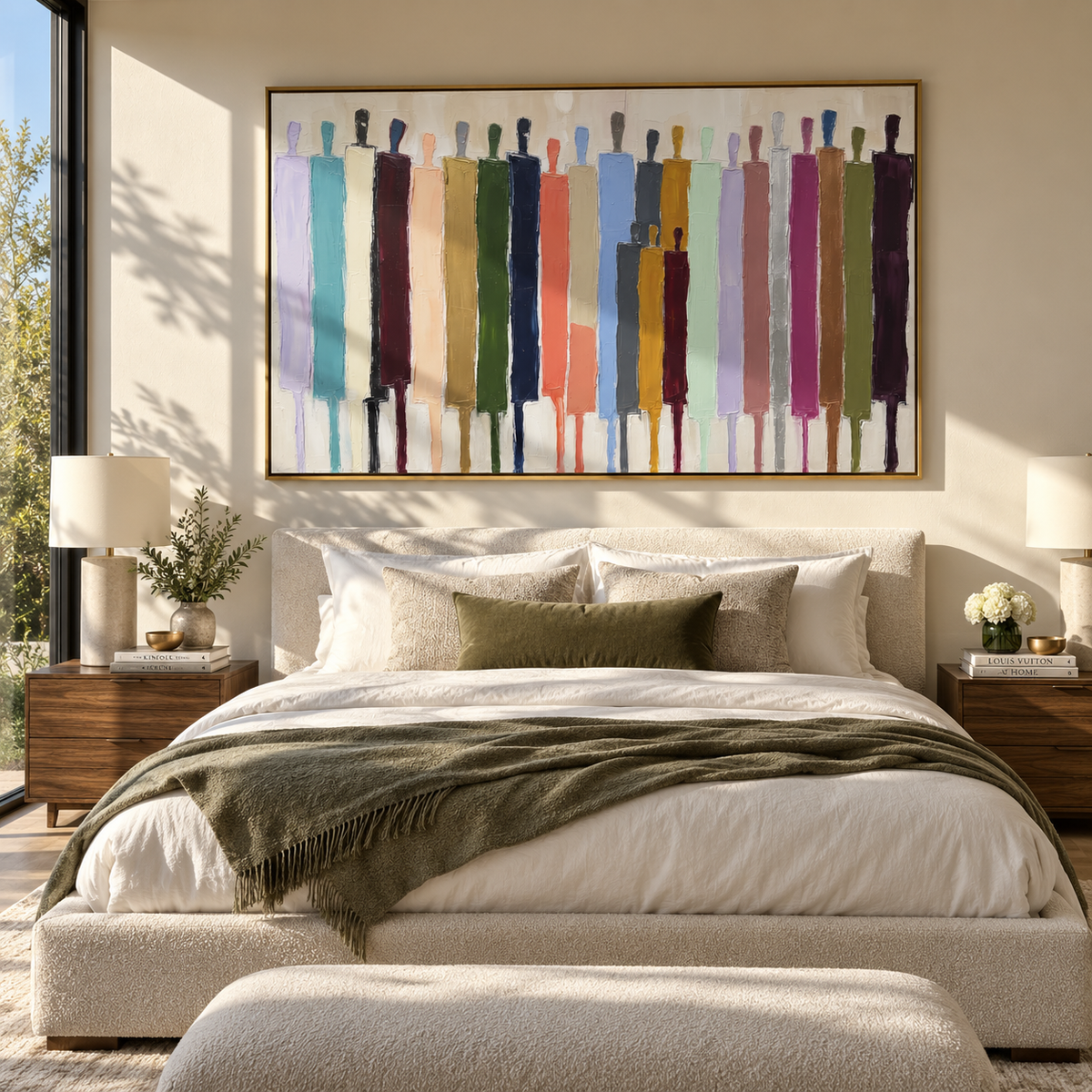 Bright Procession Across White – colorful elongated figures painting, displayed above a neutral bedroom