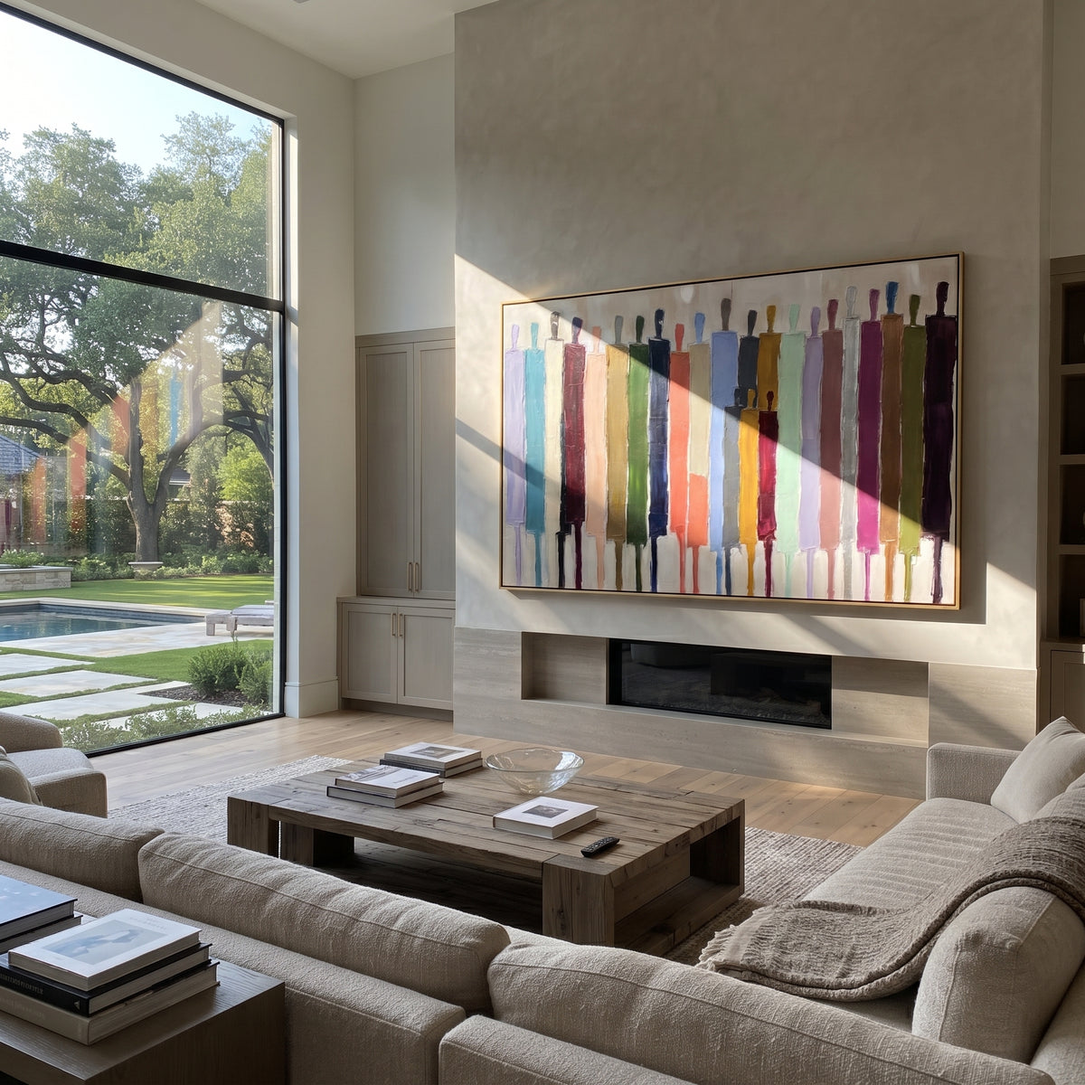 Bright Procession Across White – colorful elongated figures painting, displayed above a contemporary living room sofa
