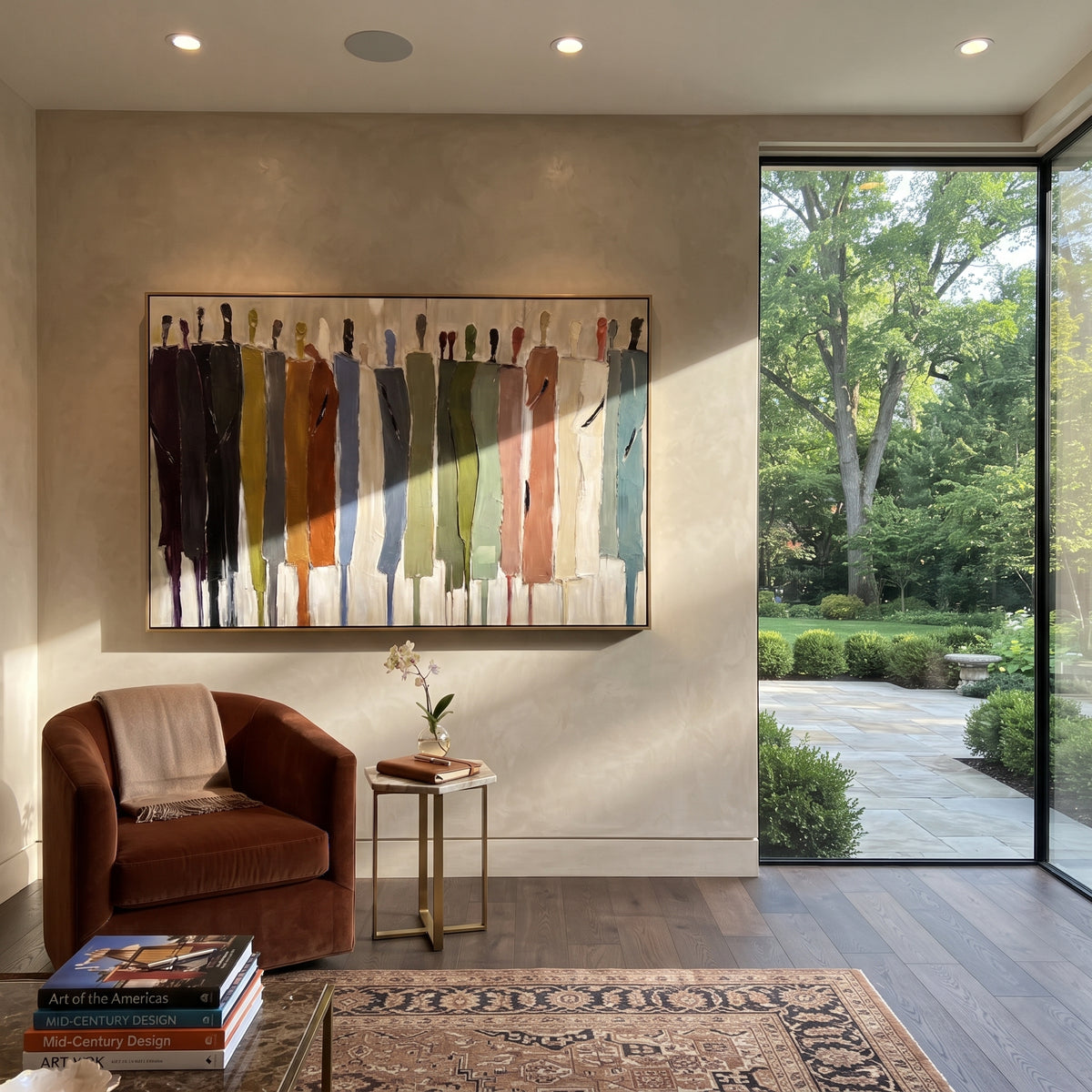 Muted Assembly Holds the Line – earth-tone abstract figures painting, displayed beside a sunlit lounge