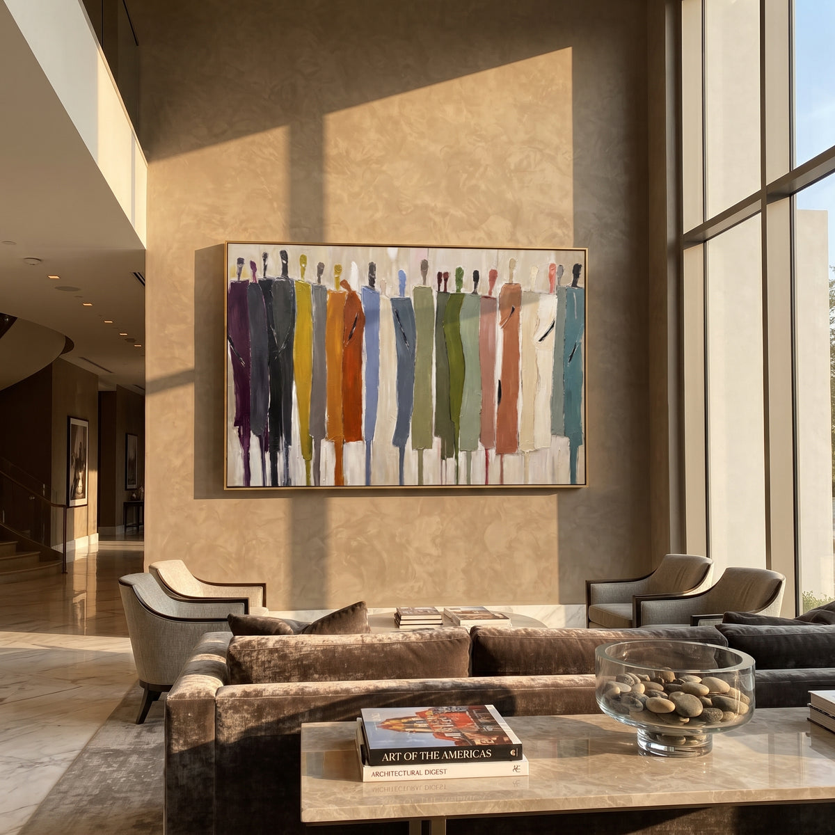 Muted Assembly Holds the Line – earth-tone abstract figures painting, displayed in a tall contemporary hallway