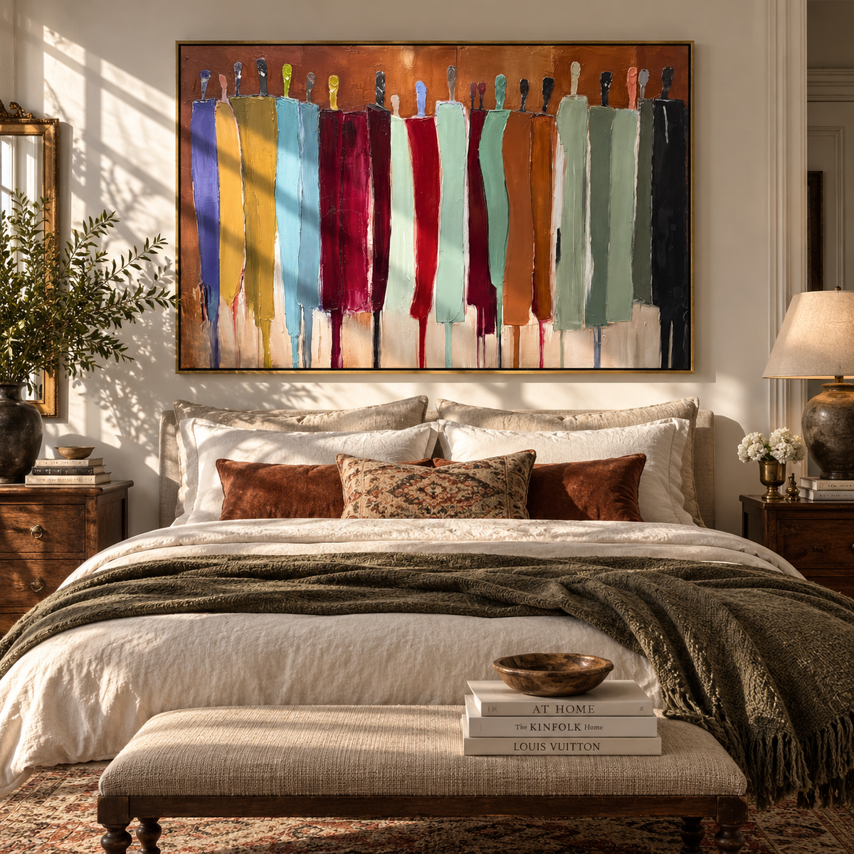 Ochre Gathering After Dusk – warm color abstract figures painting, displayed above a layered neutral bed
