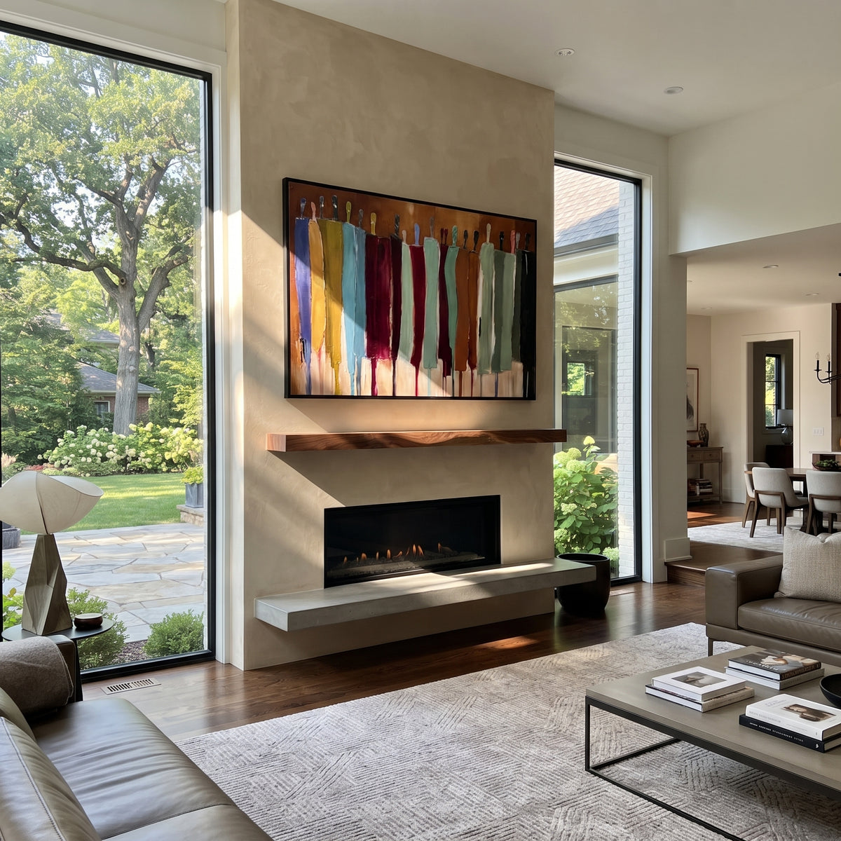 Ochre Gathering After Dusk – warm color abstract figures painting, displayed in a contemporary living room