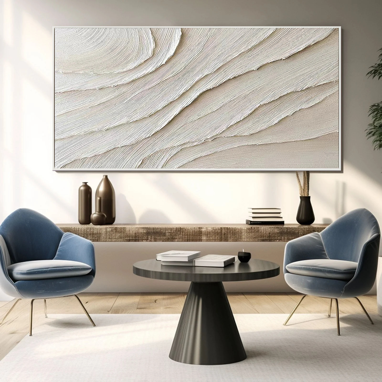 Desert Rhythm – Hand-Painted Creamy White Fluid Plaster Lines Minimalist Painting | Modern Minimalist Bedroom & Home Office Art