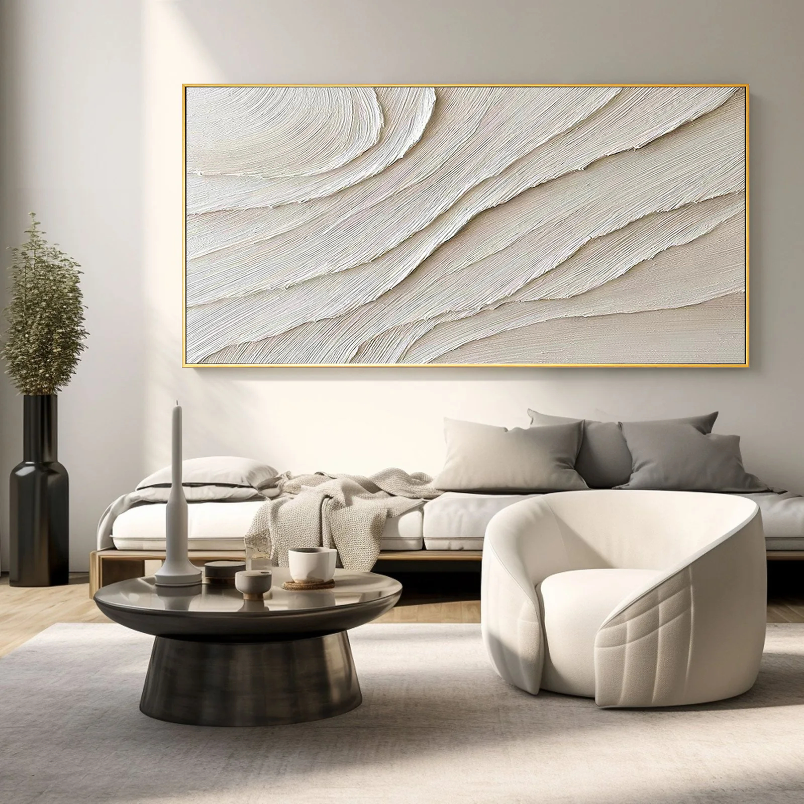 Desert Rhythm – Hand-Painted Creamy White Fluid Plaster Lines Minimalist Painting | Modern Minimalist Bedroom & Home Office Art