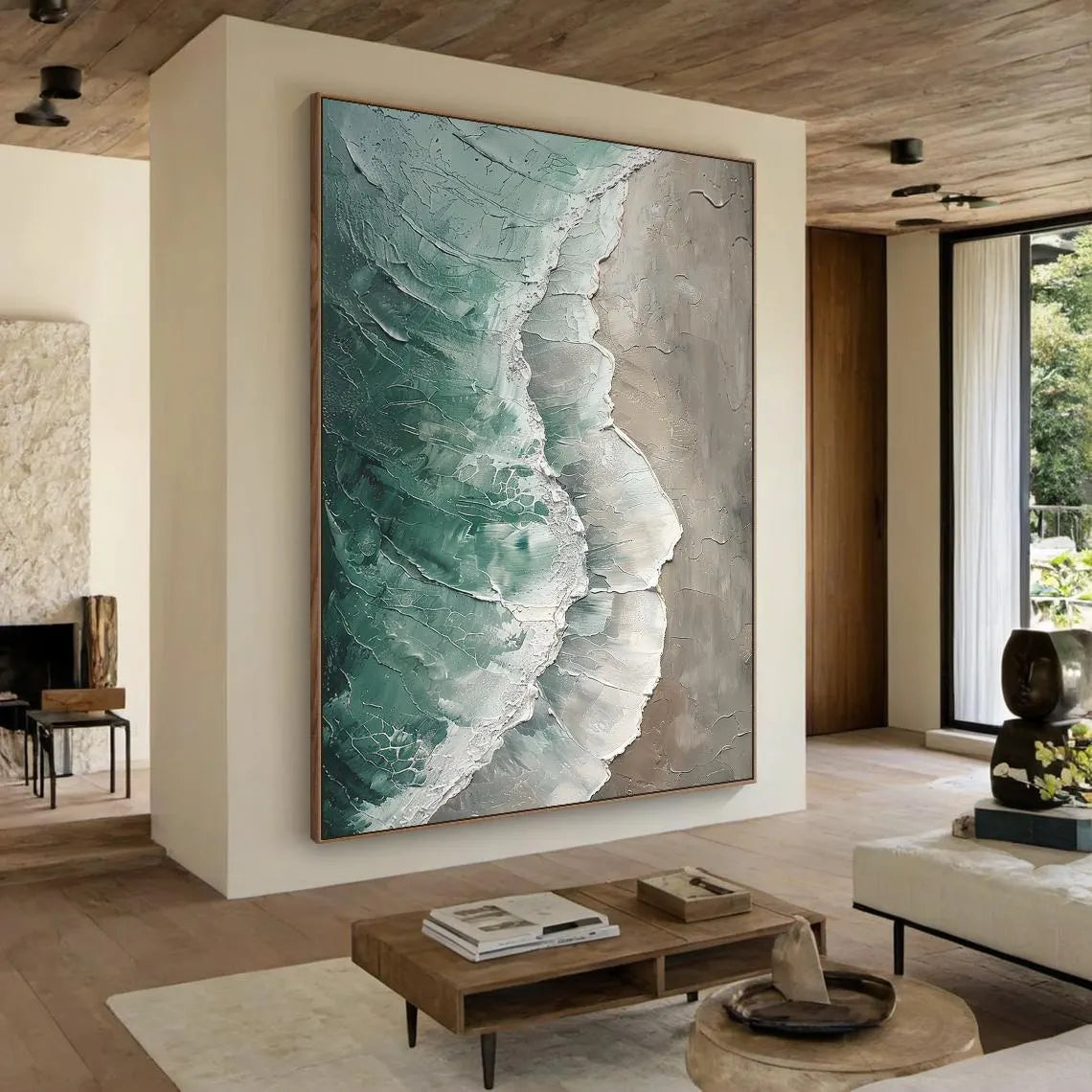 Ethereal Tide – Modern Textured Painting | Creative Wabi-Sabi Teal Ocean Wave Entryway Art