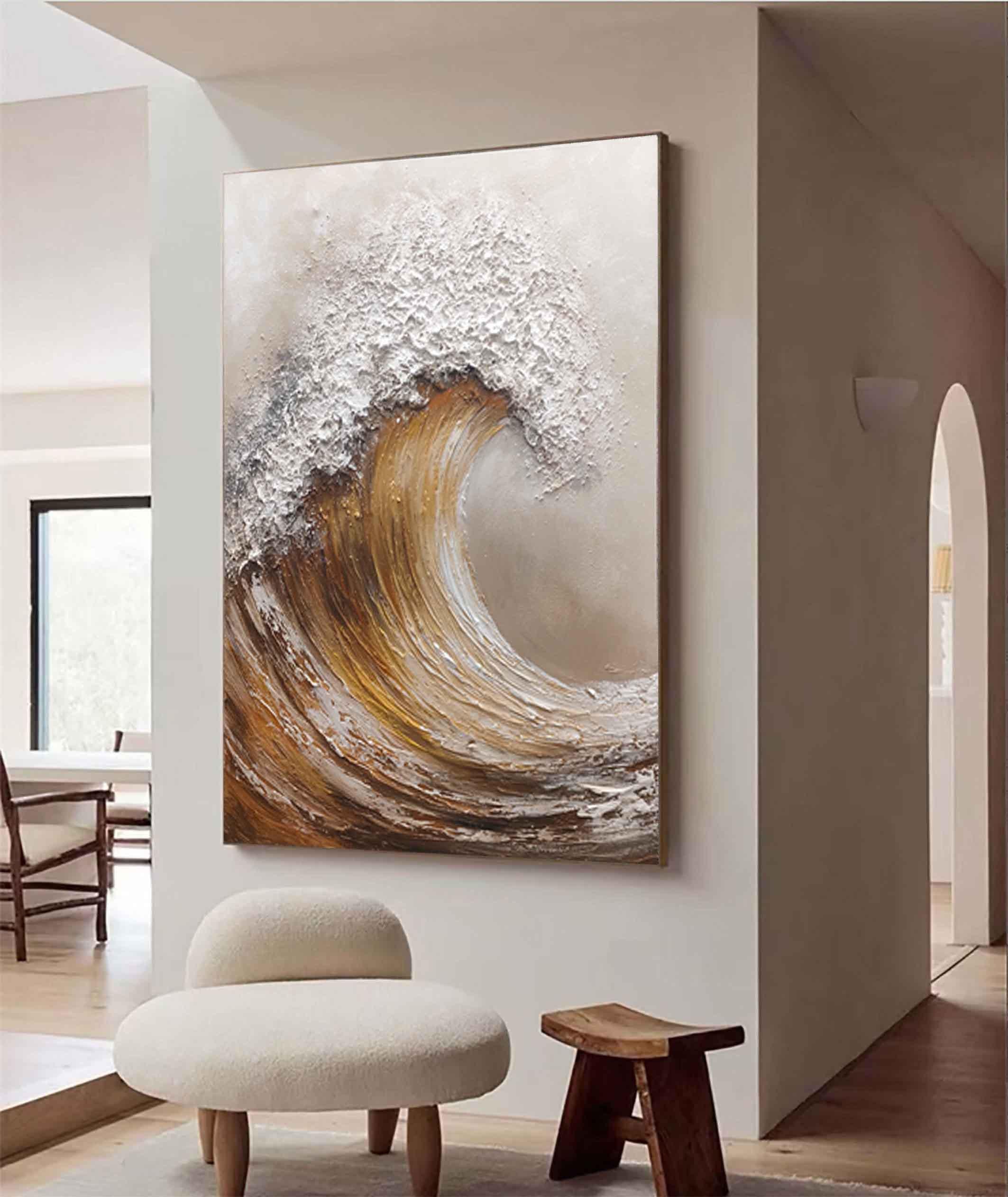 Amber Surge – Modern Creamy Ivory Abstract Heavy Impasto Painting | Contemporary Impasto Palette Knife Living Room Art