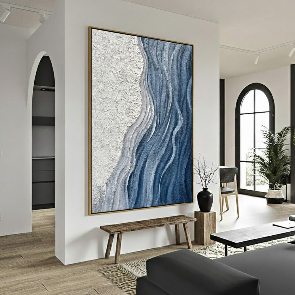 Glacial Flow – Hand-Painted Deep Blue and White Plaster Effect Relief Texture Painting | Coastal Modern Living Room & Bedroom Art
