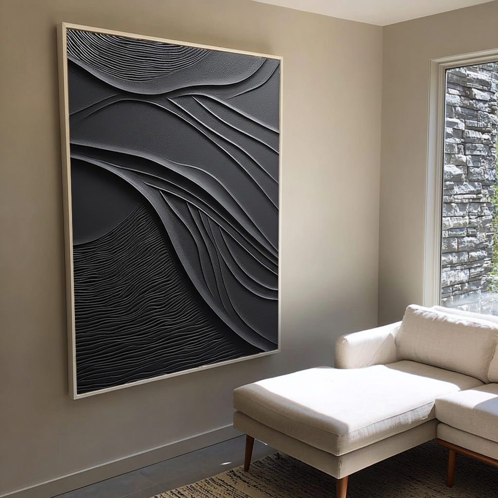 Shadow Curvature – Hand-Painted All-Black Minimalist Fluid Wave Plaster Relief Texture Painting | Bold Minimalist Bedroom & Home Office Art