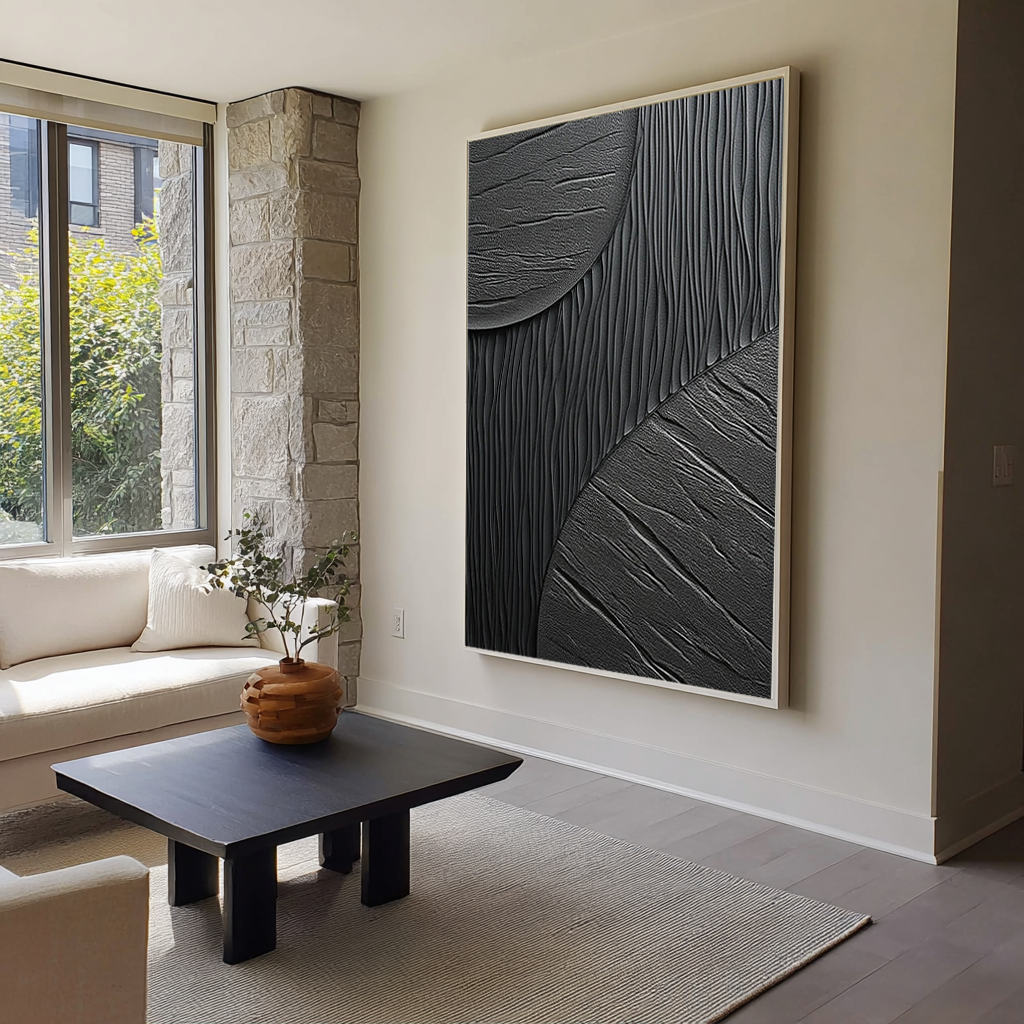 Shadow Texture – Hand-Painted All-Black Minimalist Mixed Plaster Relief Texture Painting | Bold Minimalist Bedroom & Home Office Art