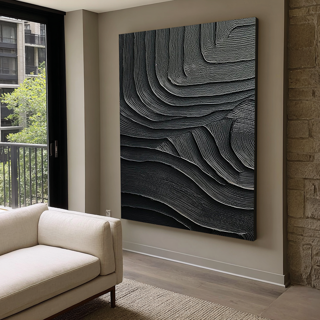 Obsidian Strata – Hand-Painted All-Black Organic Wave Plaster Effect Texture Painting | Modern Industrial Plaster Home Office & Living Room Art