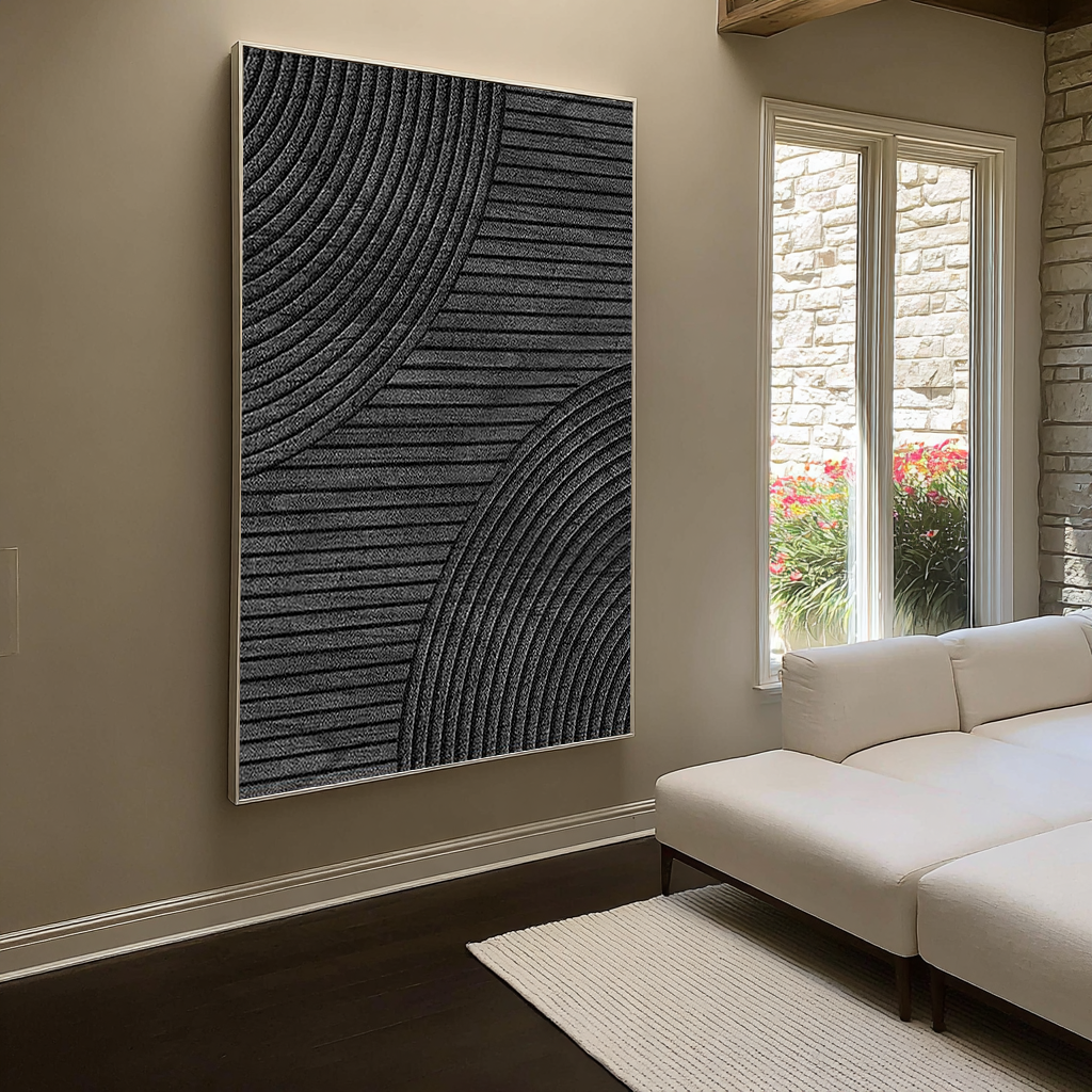 Linear Eclipse – Hand-Painted All-Black Minimalist Geometric Plaster Relief Texture Painting | Bold Minimalist Bedroom & Home Office Art