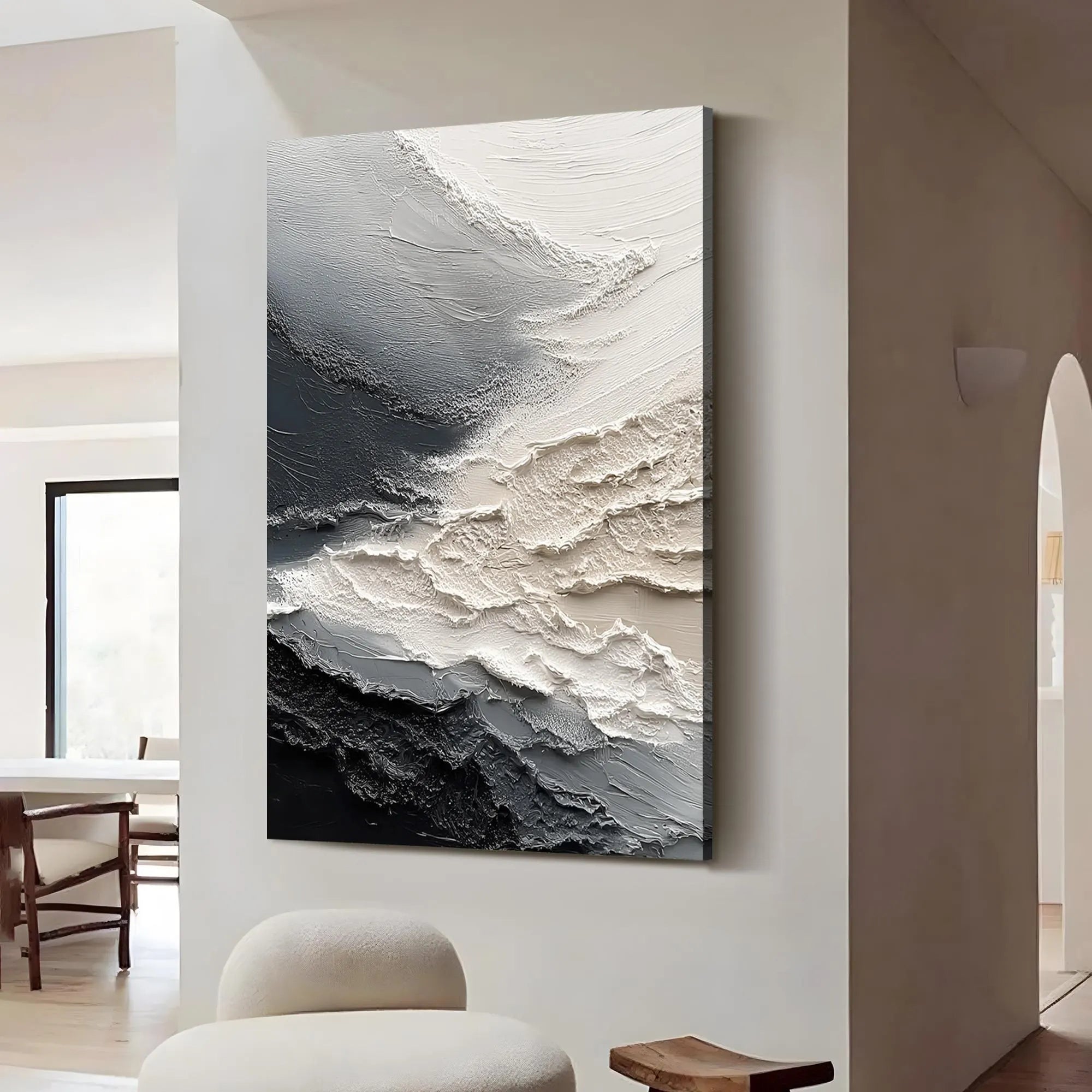Arctic Fissure – Hand-Painted Black and White Plaster Effect Relief Texture Painting | Bold Minimalist Bedroom & Home Office Art