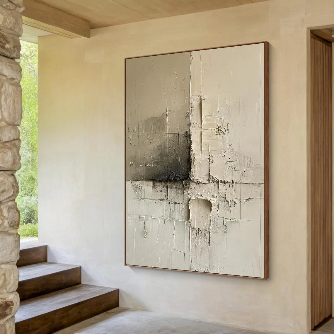 Ancient Trace – Hand-Painted Neutral Beige and Grey Plaster Effect Relief Texture Painting | Japandi Organic Texture Living Room & Bedroom Art