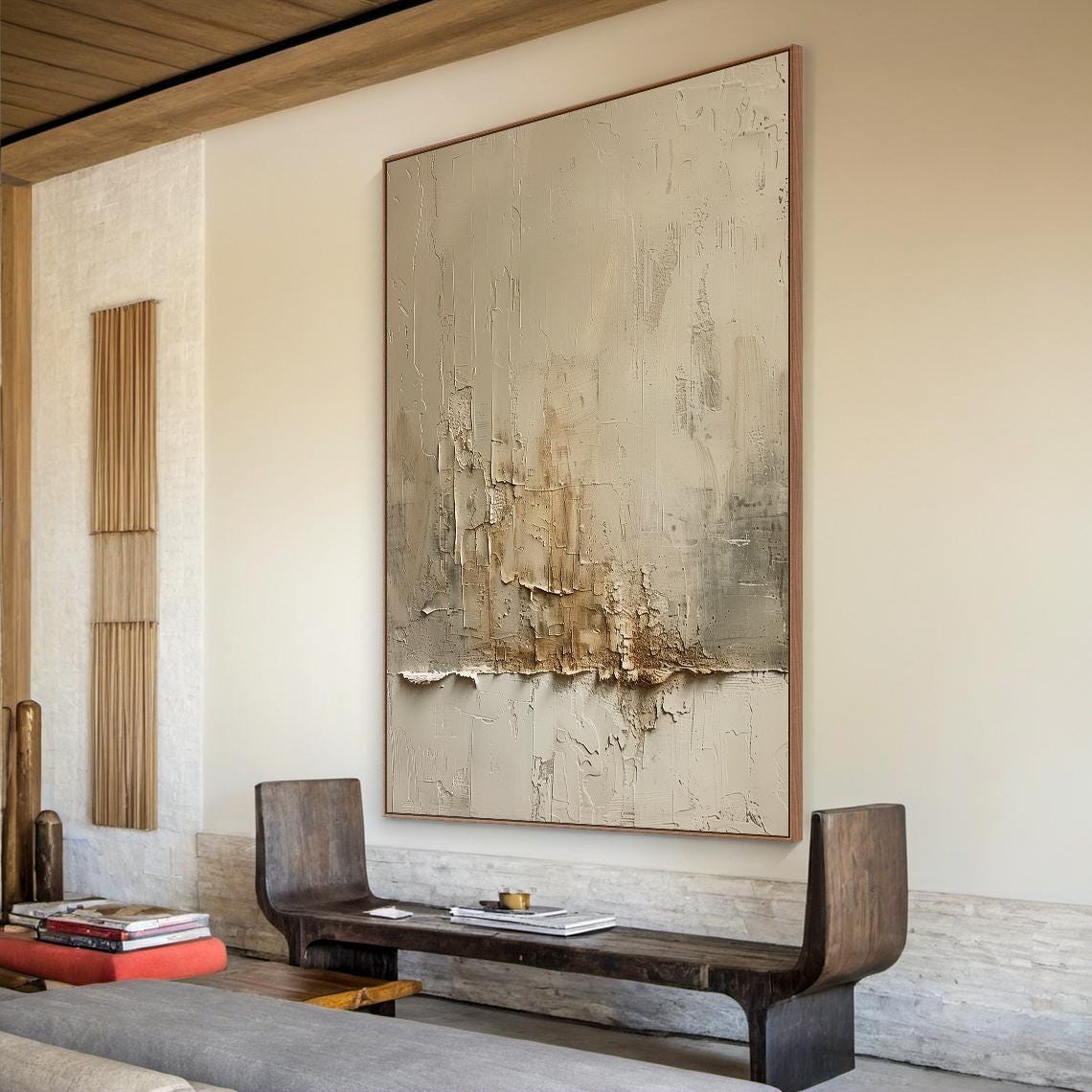 Arctic Strata – Hand-Painted Off-White and Metallic Gold Plaster Relief Texture Painting | Japandi Organic Texture Living Room & Bedroom Art