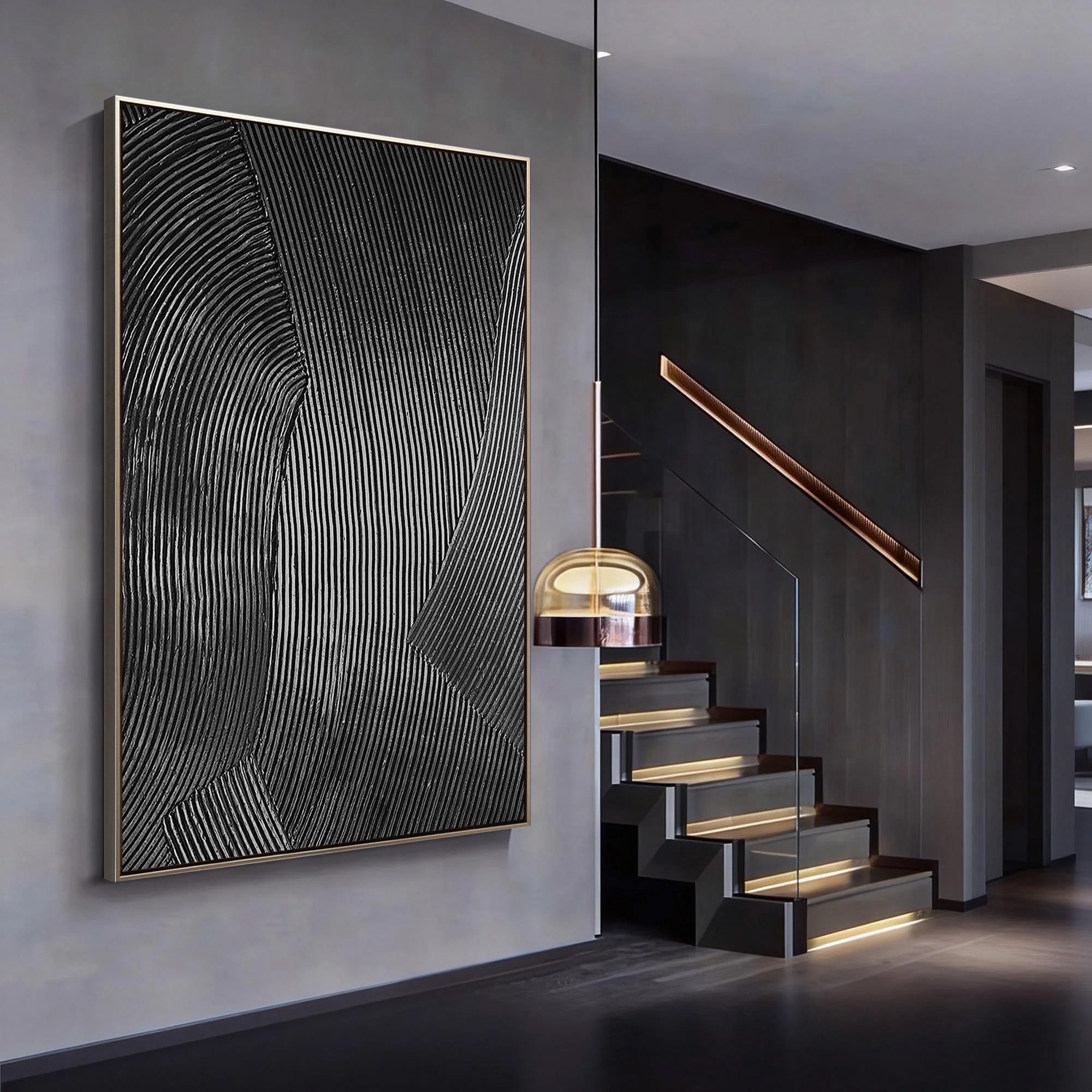 Gravity Line – Hand-Painted Black Linear Plaster Relief Texture Painting | Contemporary Plaster Texture Living Room & Office Art