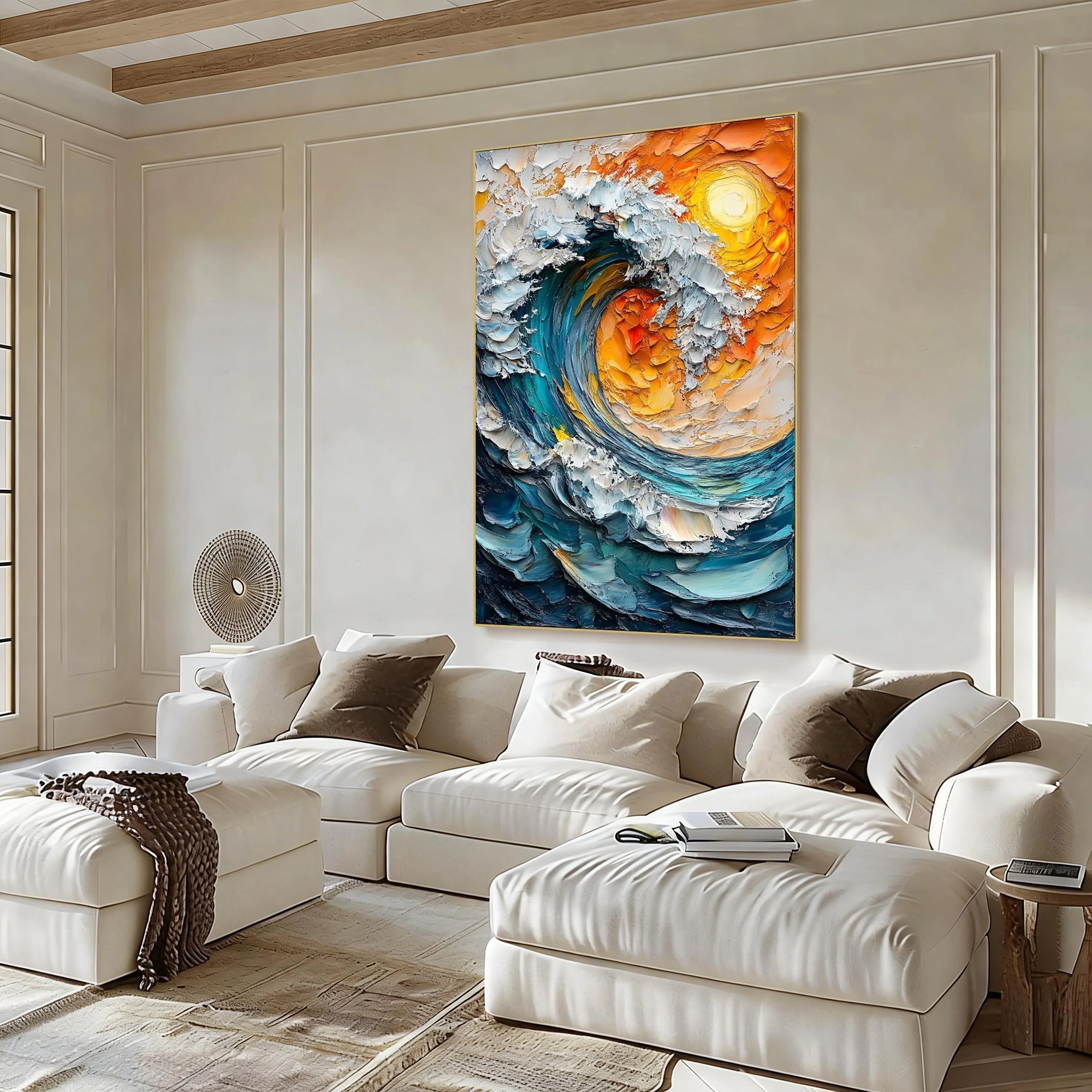 Solar Wave – Hand-Painted Sunset Orange and Teal Blue 3D Palette Knife Nature Painting | Modern Abstract Living Room & Office Art