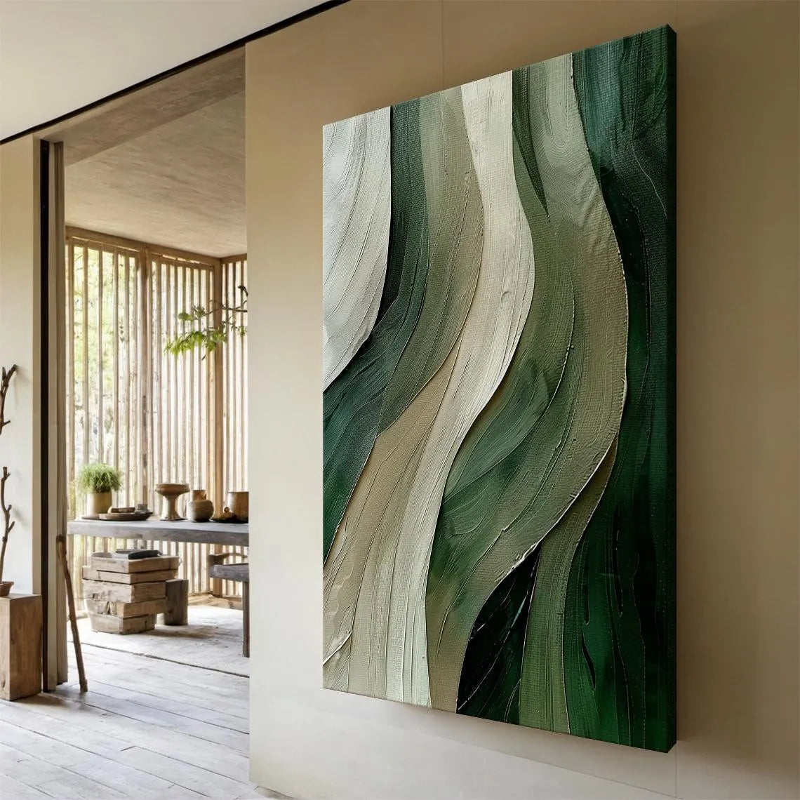 Emerald Tide – Hand-Painted Deep Green and Sage Wave Palette Knife Texture Painting | Modern Abstract Living Room & Office Art