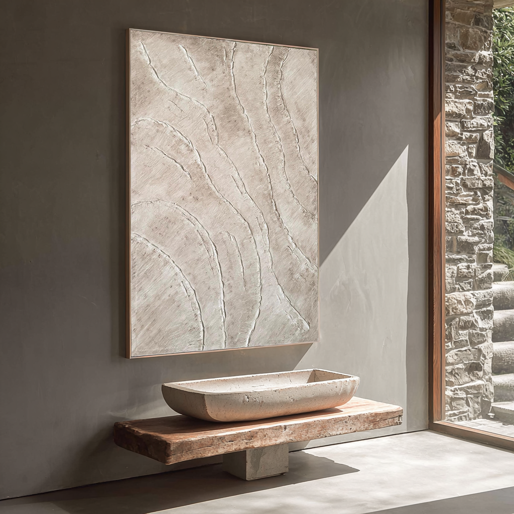 Sand Ripple – Hand-Painted Minimalist Beige Plaster Effect Relief Wabi-Sabi Painting | Japandi Organic Wabi-Sabi Living Room & Hallway Art