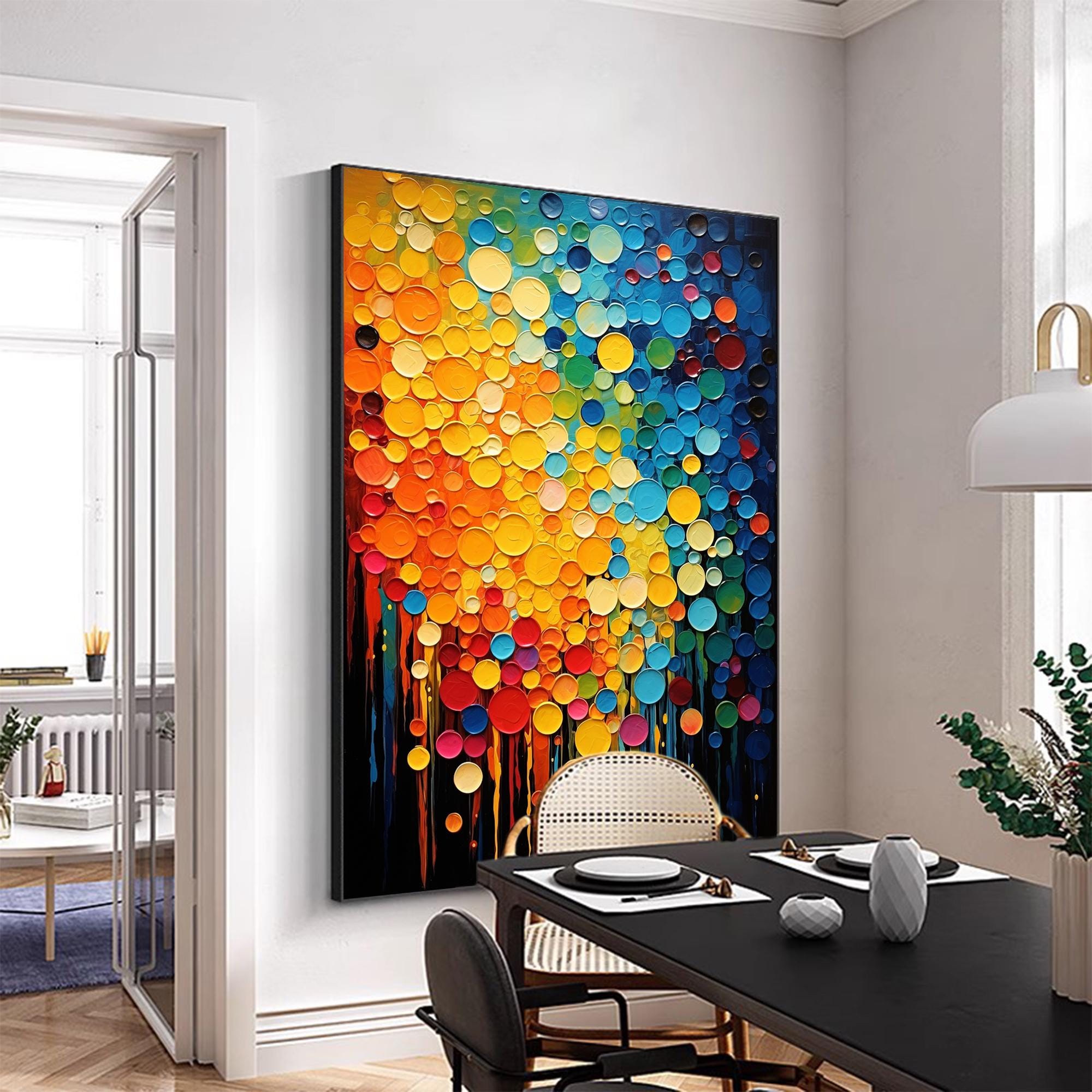 Vibrant Dots – Hand-Painted Multicolored Circular Pop Art Palette Knife Texture Painting | Bold Abstract Palette Knife Living Room Art