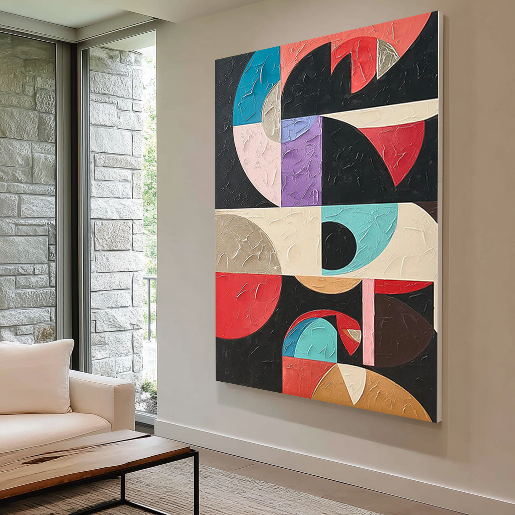 Geometric Pulse – Hand-Painted Multicolored Geometric Block Plaster Effect Abstract Painting | Bold Abstract Palette Knife Living Room Art