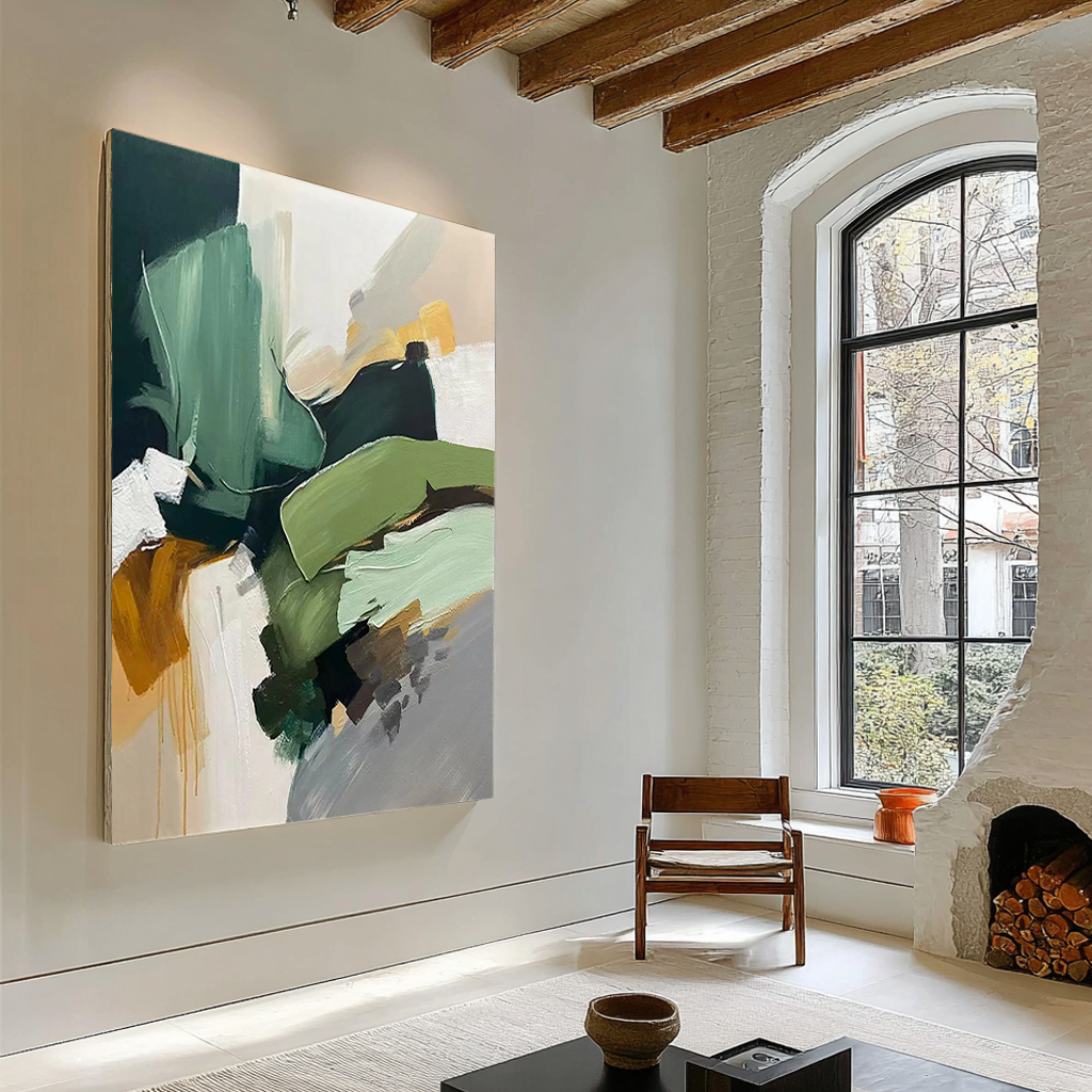 Earthen Rhythm – Hand-Painted Moss Green and Ochre Large Brushstroke Modern Texture Painting | Japandi Wabi-Sabi Living Room & Bedroom Art