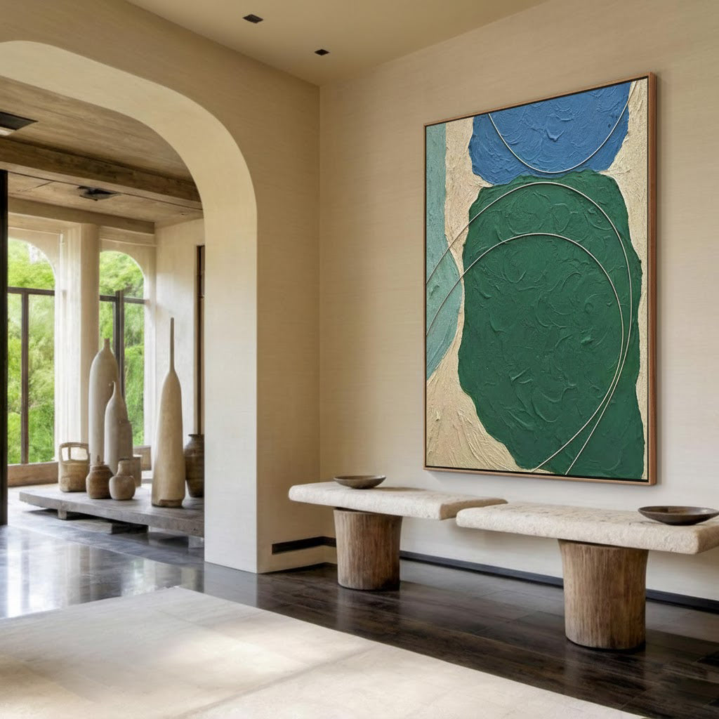Emerald Vein – Hand-Painted Deep Green Plaster Effect Gold Line Relief Texture Painting | Modern Luxury Metallic Living Room & Hotel Art