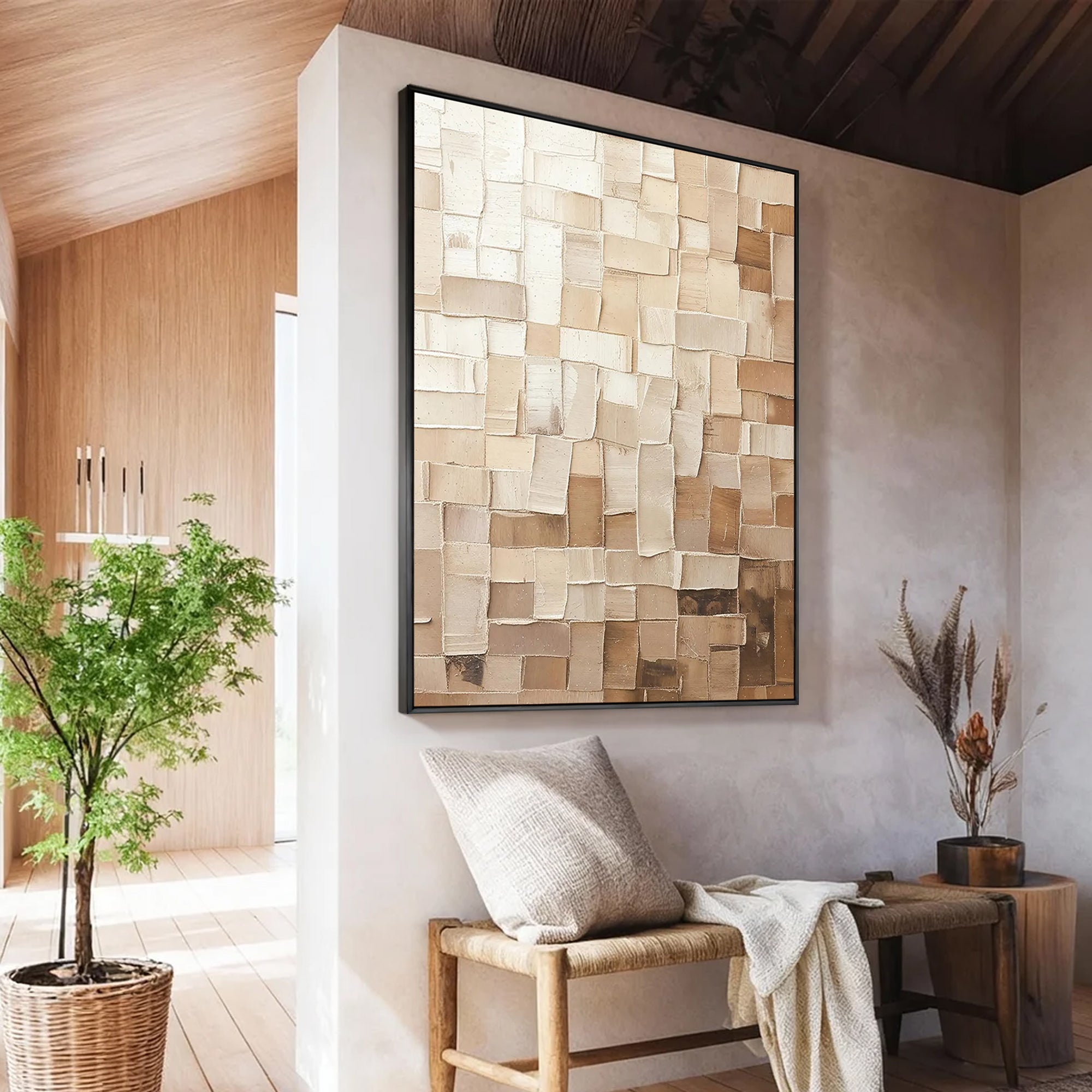 Textured Tiles – Hand-Painted Neutral Beige Mosaic Plaster Block Texture Painting | Modern Abstract Living Room & Office Art
