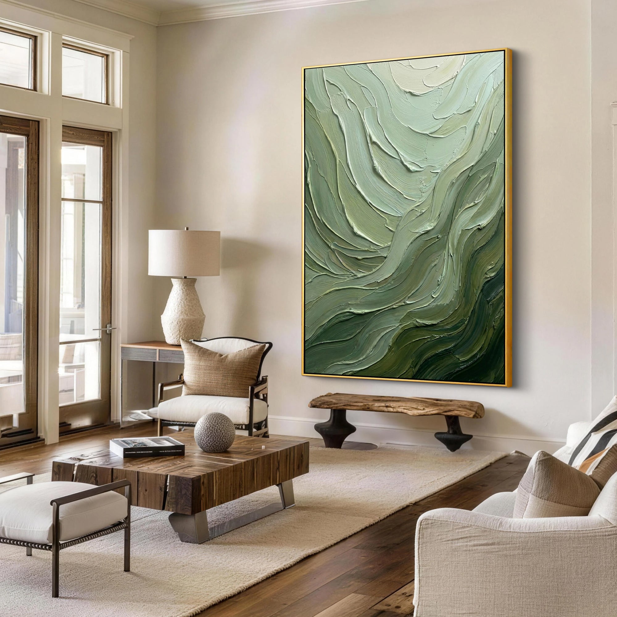 Verdant Flow – Hand-Painted Sage Green and Olive Wave Palette Knife Texture Painting | Modern Abstract Living Room & Office Art