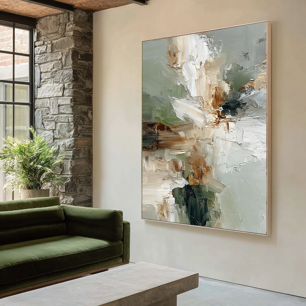 Sage Blossom – Hand-Painted Morandi Green and White Palette Knife Abstract Painting | Tropical Botanical Bedroom & Dining Room Art