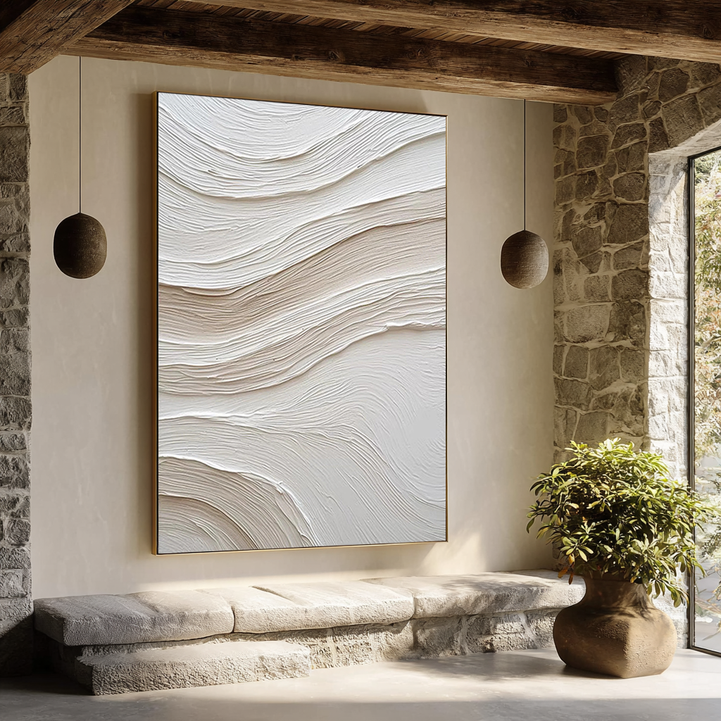 Sandstone Ripple – Hand-Painted Plaster Effect White Wave Relief Minimalist Painting | Japandi Organic Wabi-Sabi Living Room & Hallway Art