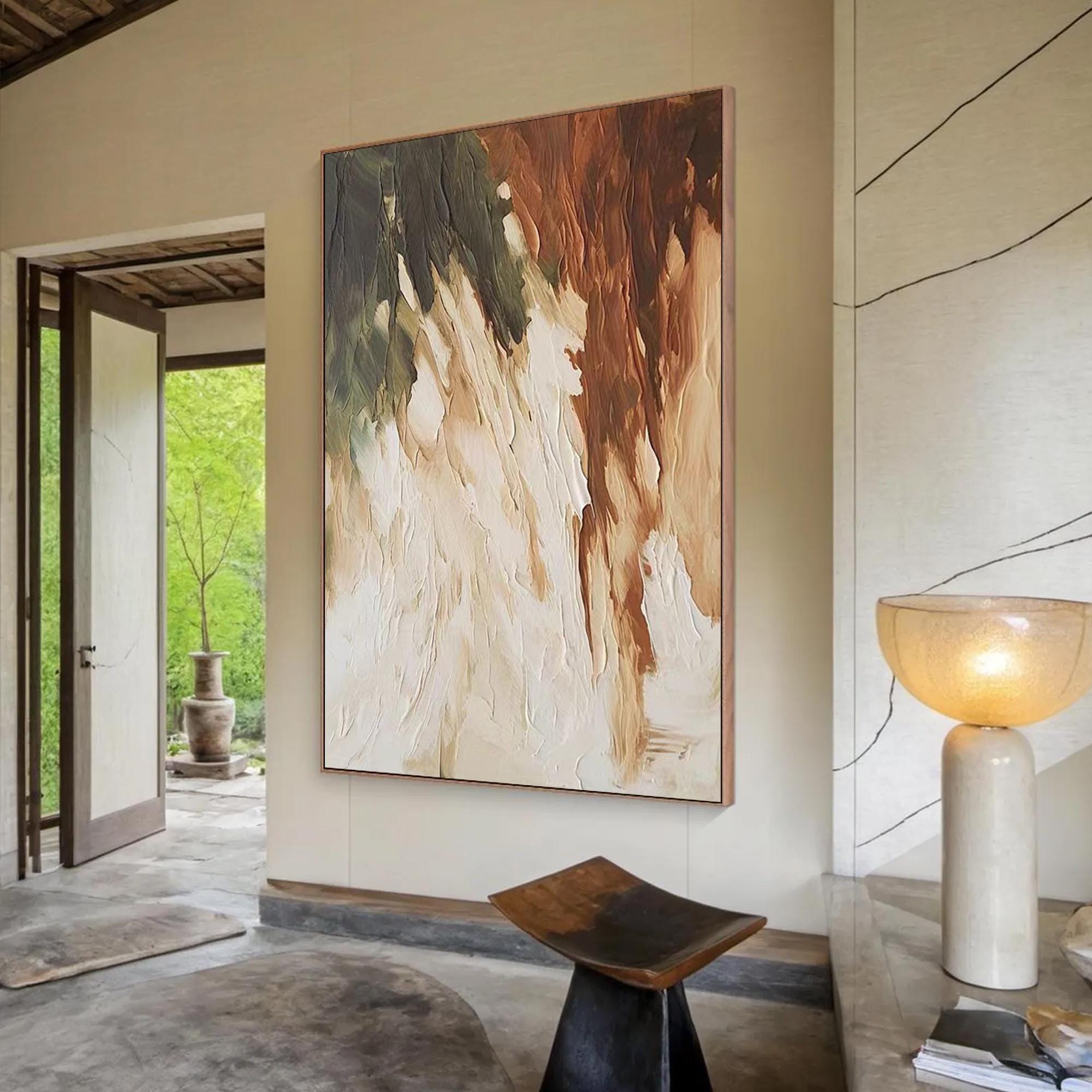 Creamy Cascade – Hand-Painted Minimalist Cream and Tan Diagonal Palette Knife Texture Painting | Modern Minimalist Bedroom & Home Office Art