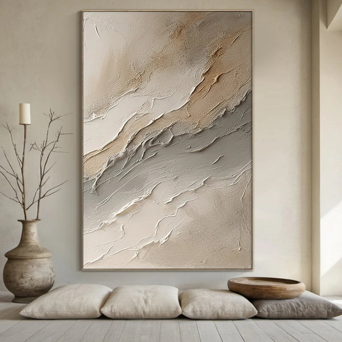 Earthen Rhythm – Hand-Painted Neutral Beige Plaster Effect Layered Texture Painting | Japandi Organic Wabi-Sabi Living Room & Hallway Art