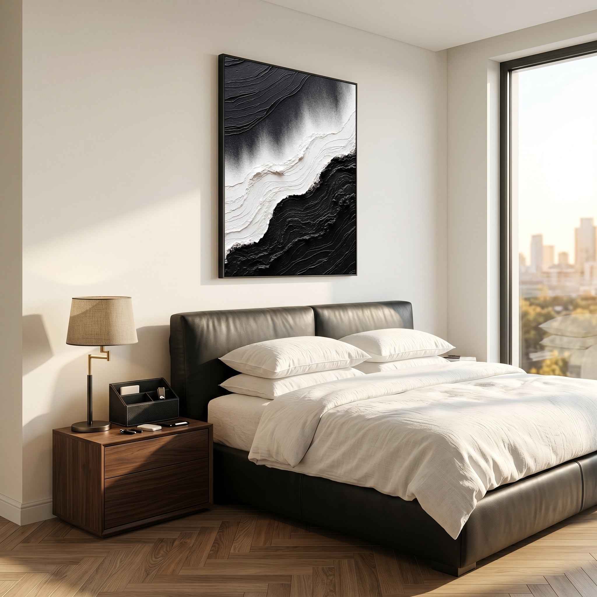Dark Current – Modern Minimalist Black & White Painting | Textured Wabi-Sabi Abstract Hallway Art
