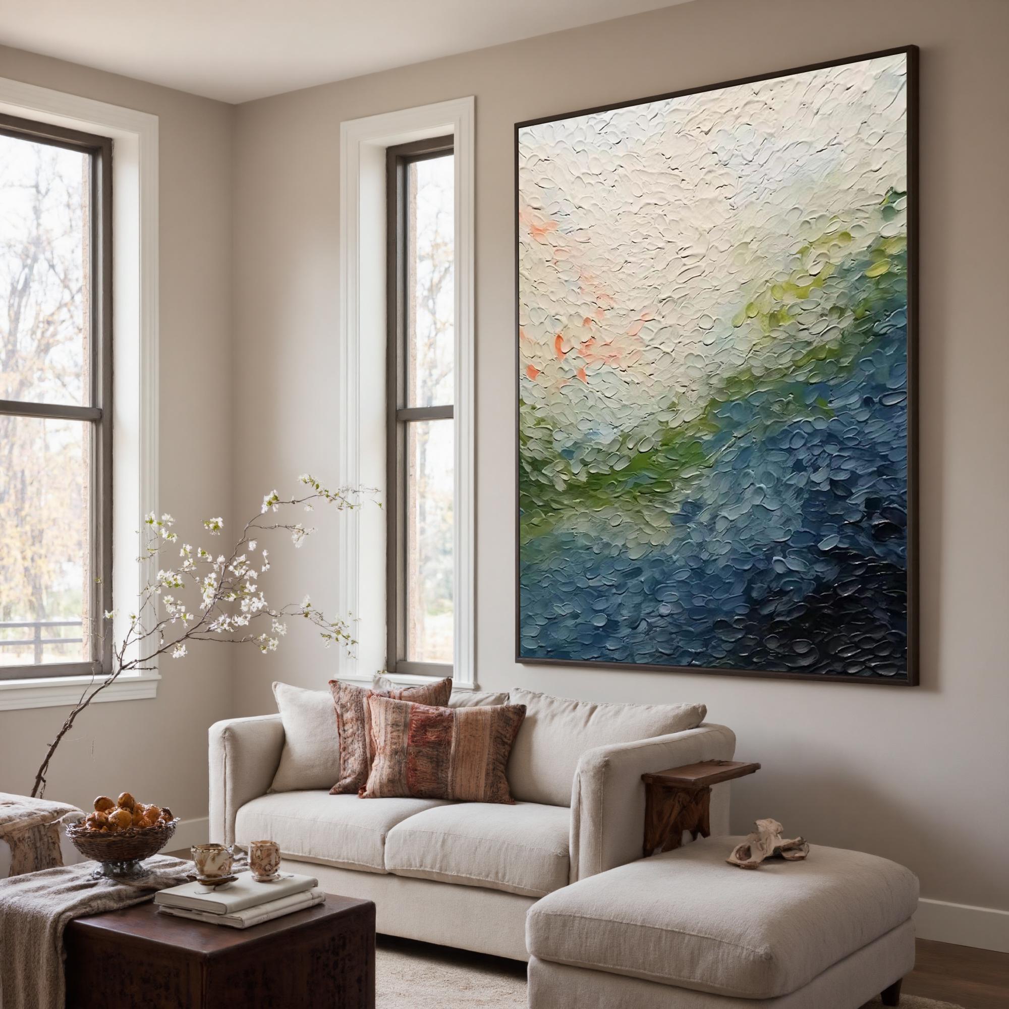 Azure Terrain – Hand-Painted Navy Blue and Sage Green Plaster Effect Relief Texture Painting | Coastal Modern Living Room & Bedroom Art